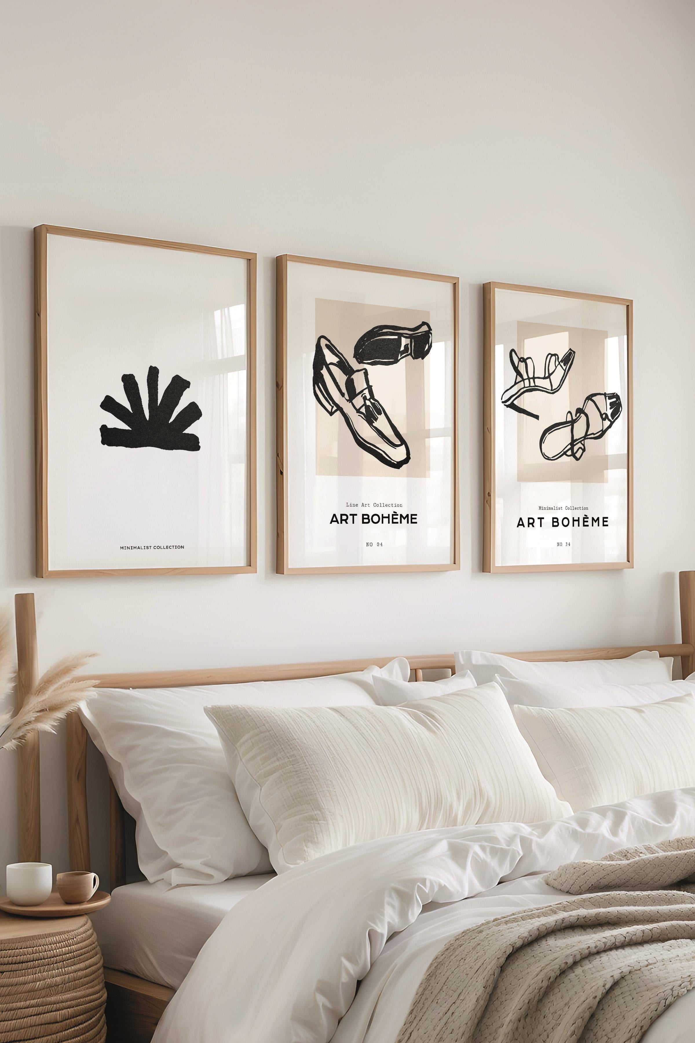 Çerçeveli Tablo Seti, 3 Adet Ahşap Çerçeve ve Minimalist Çizim Temalı Poster Seti, No:300592
