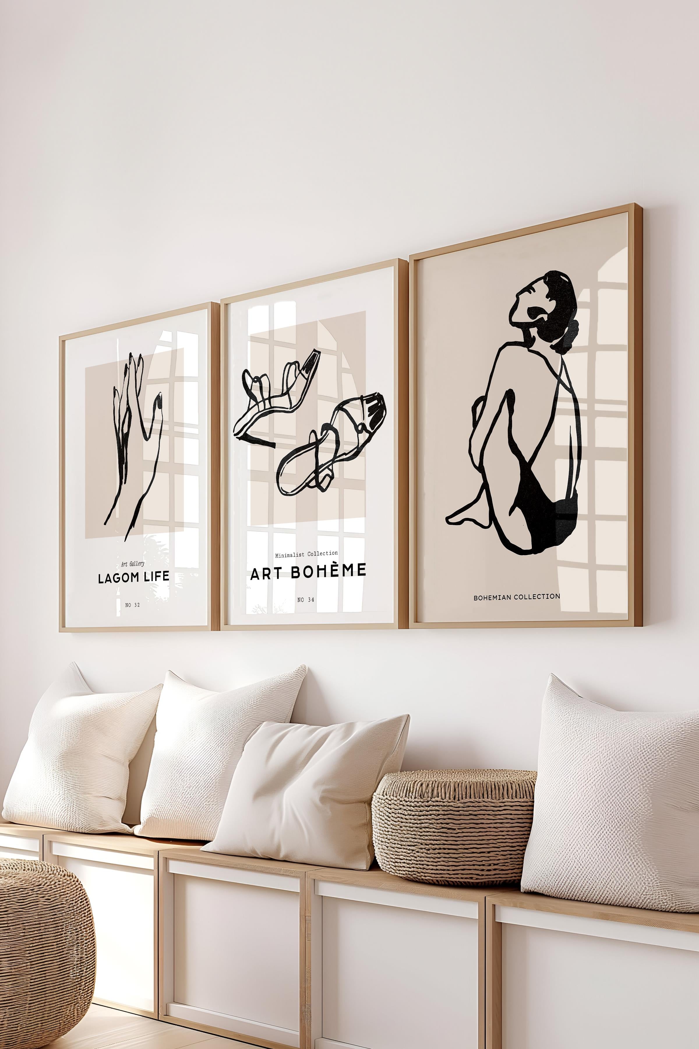 Çerçeveli Tablo Seti, 3 Adet Ahşap Çerçeve ve Minimalist Çizim Temalı Poster Seti, No:300593
