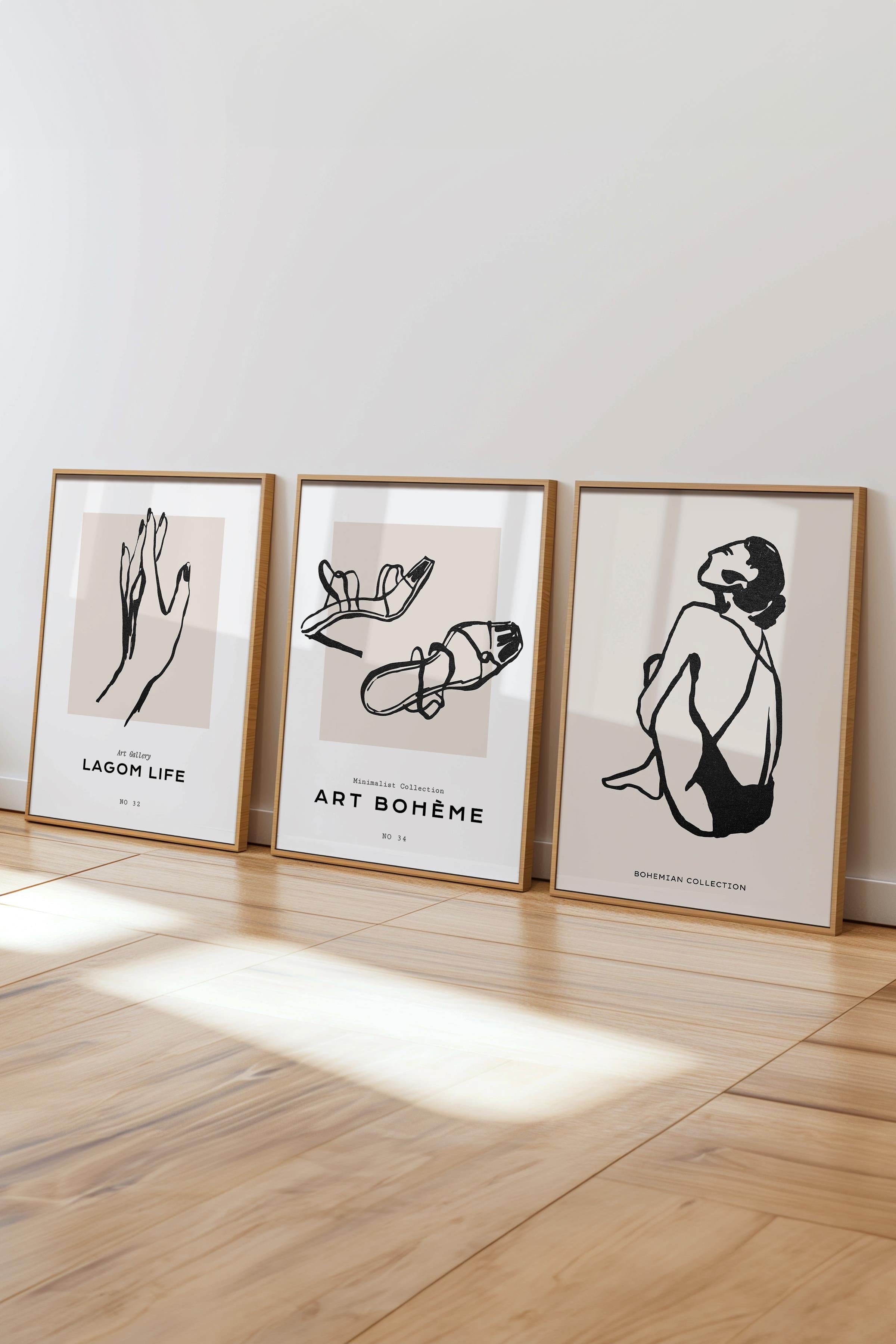 Çerçeveli Tablo Seti, 3 Adet Ahşap Çerçeve ve Minimalist Çizim Temalı Poster Seti, No:300593
