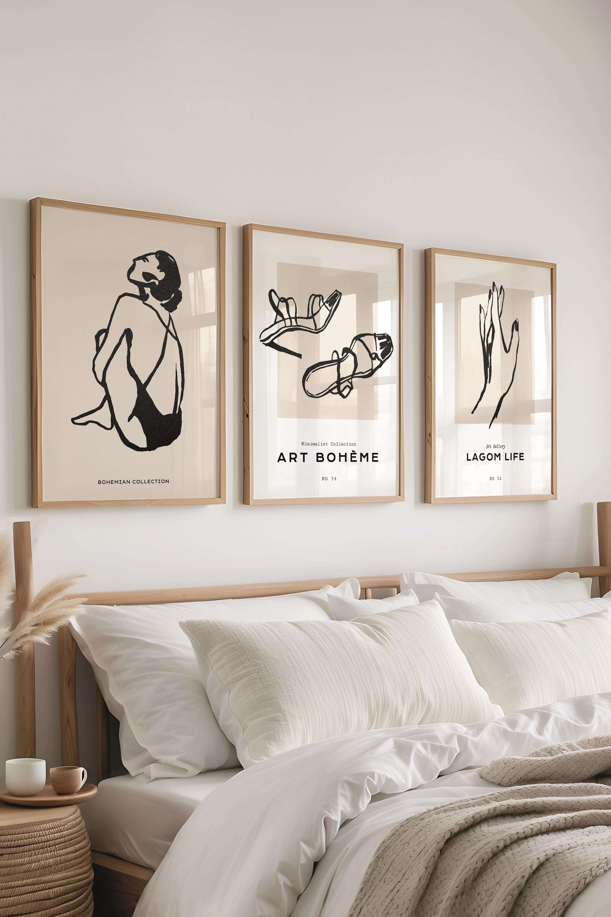 Çerçeveli Tablo Seti, 3 Adet Ahşap Çerçeve ve Minimalist Çizim Temalı Poster Seti, No:300593