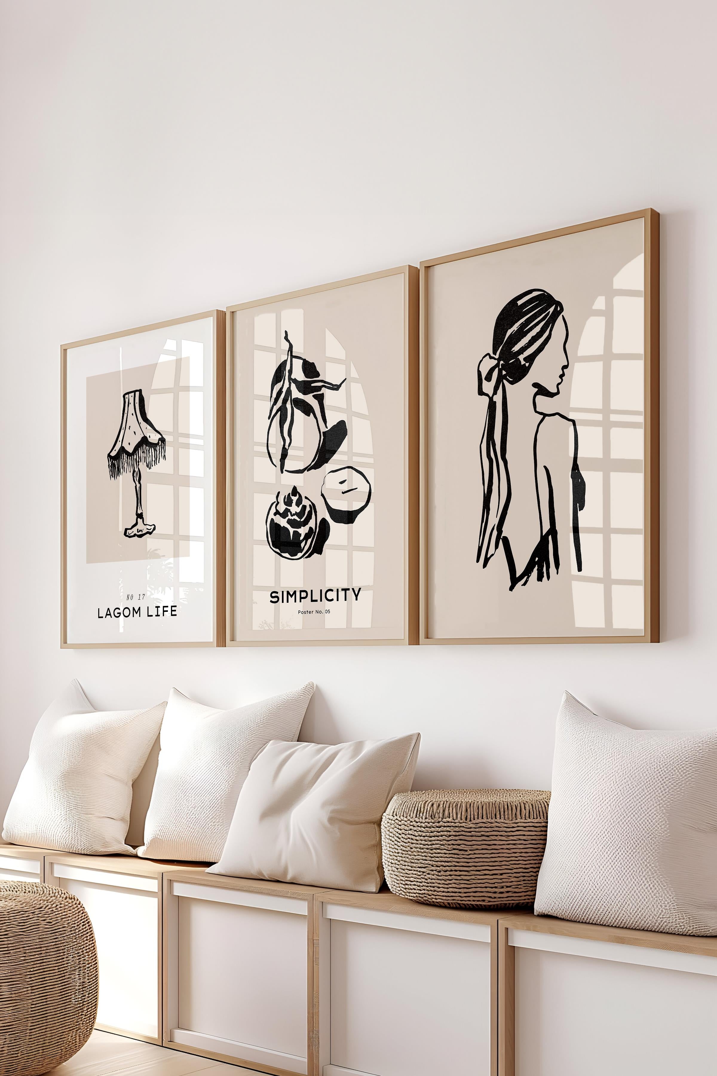 Çerçeveli Tablo Seti, 3 Adet Ahşap Çerçeve ve Minimalist Çizim Temalı Poster Seti, No:300594