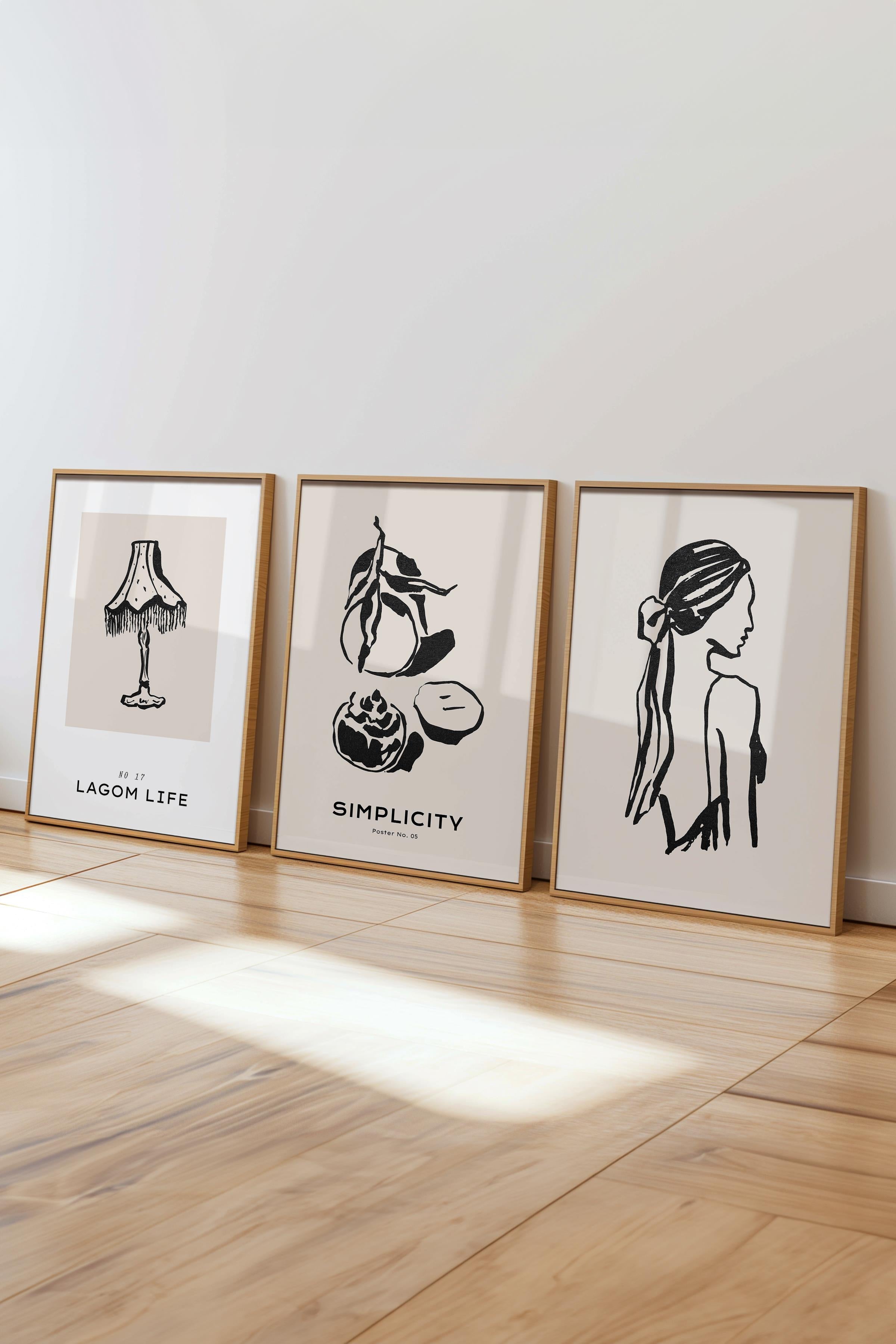Çerçeveli Tablo Seti, 3 Adet Ahşap Çerçeve ve Minimalist Çizim Temalı Poster Seti, No:300594