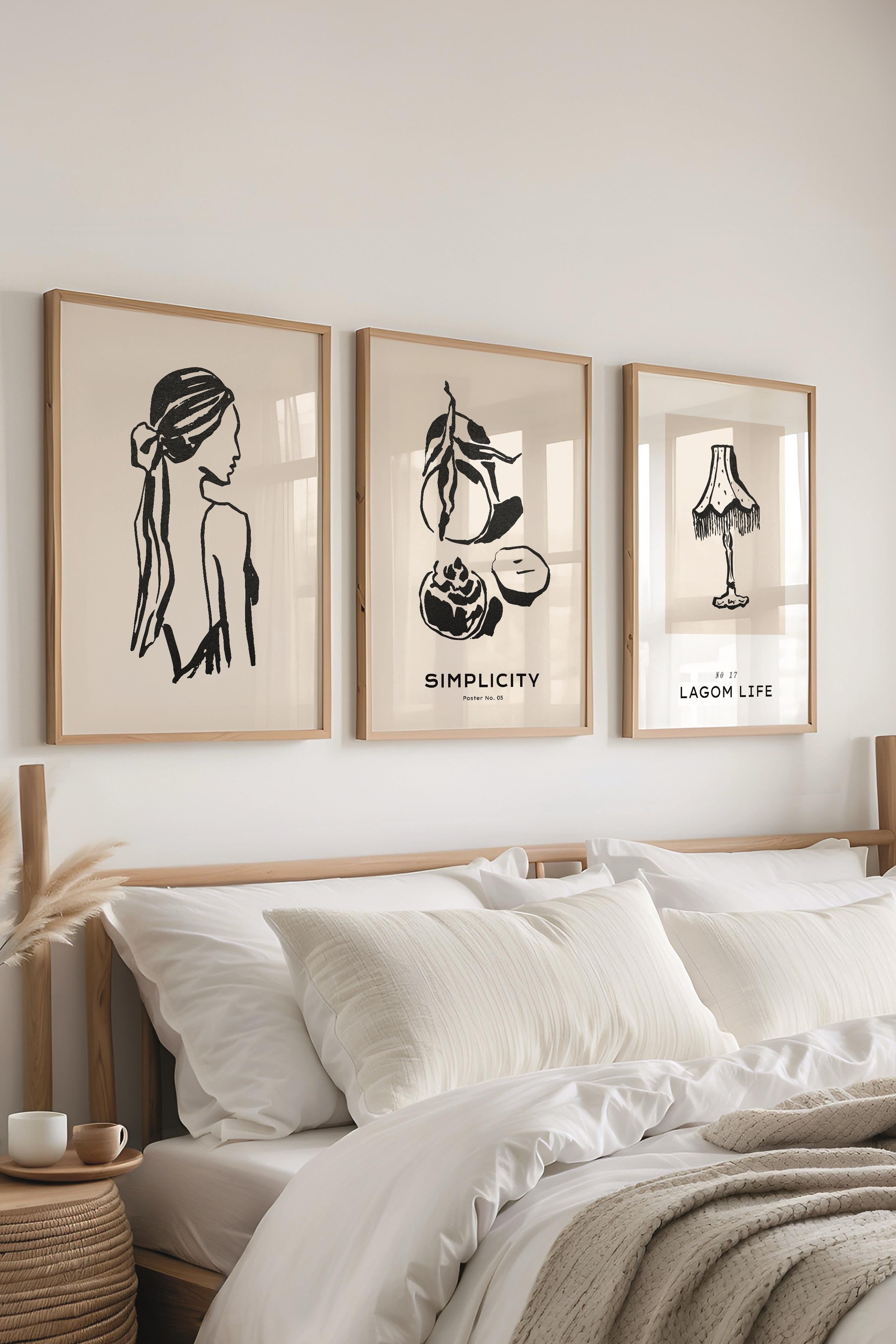Çerçeveli Tablo Seti, 3 Adet Ahşap Çerçeve ve Minimalist Çizim Temalı Poster Seti, No:300594