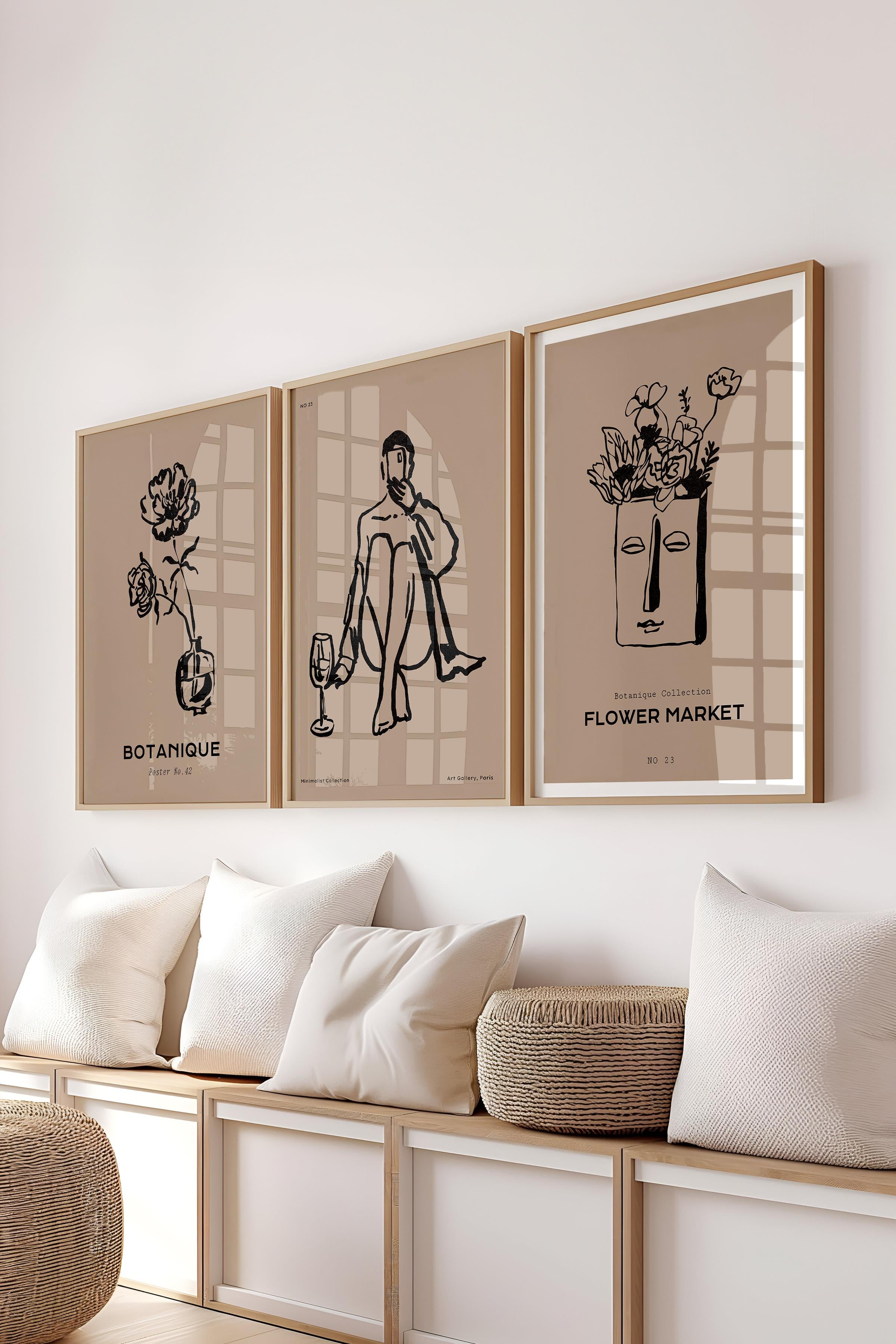 Çerçeveli Tablo Seti, 3 Adet Ahşap Çerçeve ve Minimalist Çizim Temalı Poster Seti, No:300595