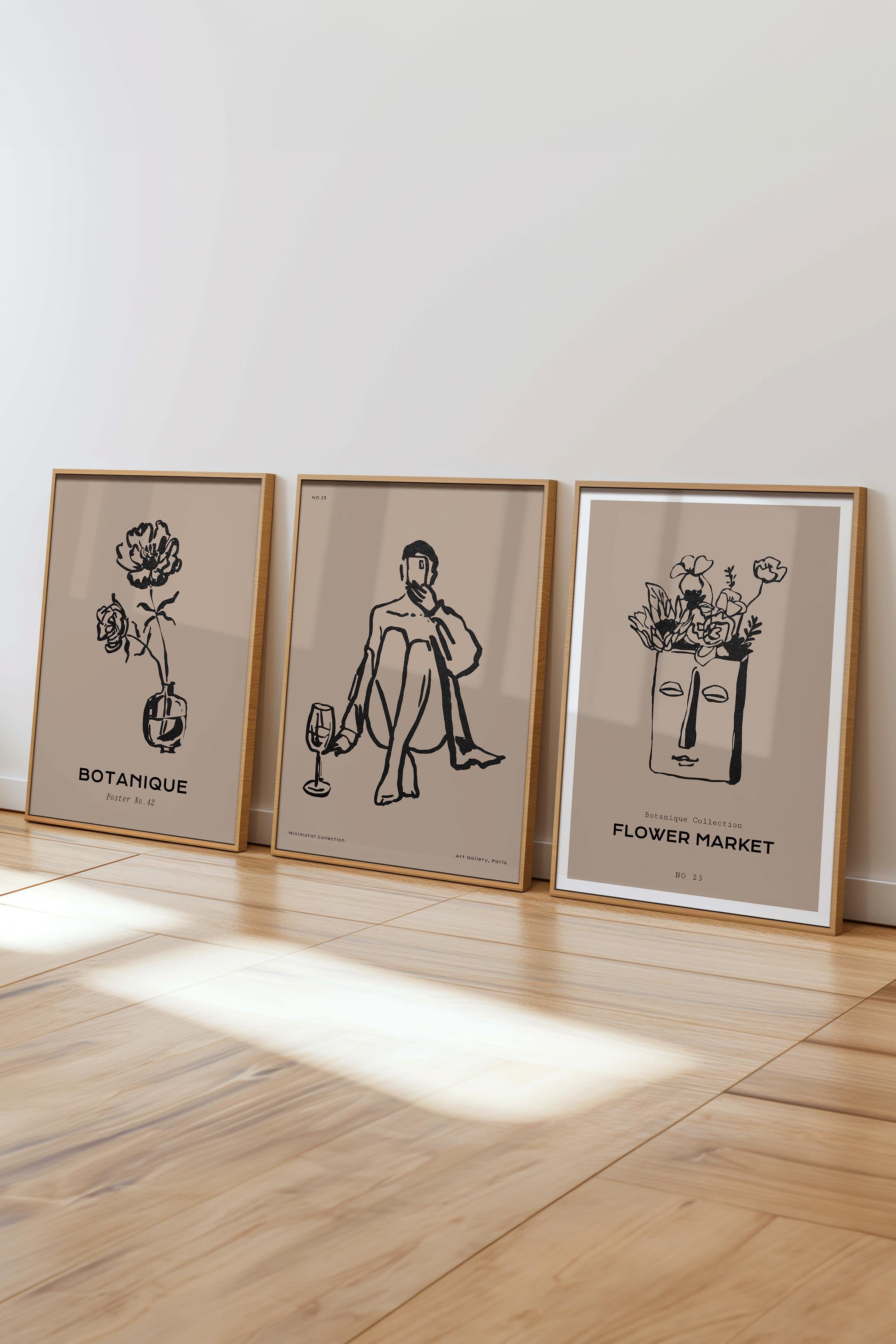 Çerçeveli Tablo Seti, 3 Adet Ahşap Çerçeve ve Minimalist Çizim Temalı Poster Seti, No:300595