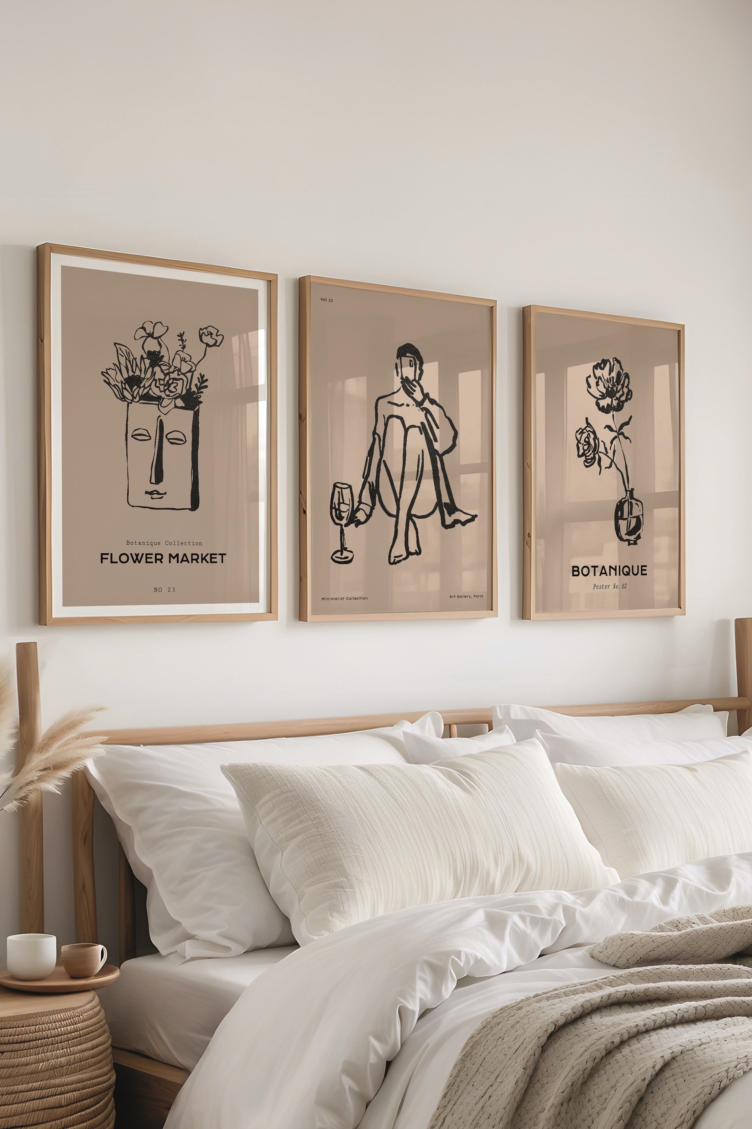 Çerçeveli Tablo Seti, 3 Adet Ahşap Çerçeve ve Minimalist Çizim Temalı Poster Seti, No:300595
