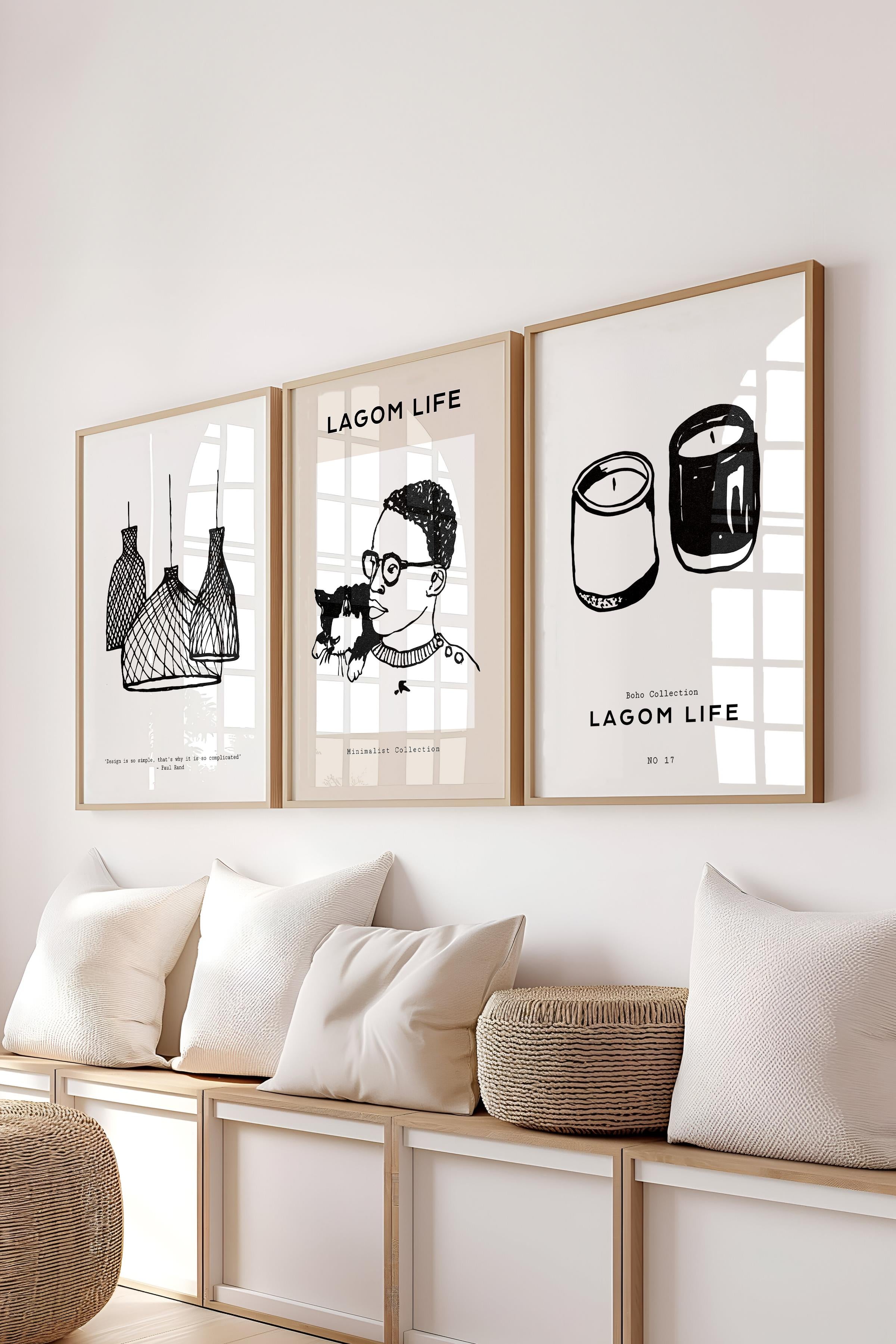 Çerçeveli Tablo Seti, 3 Adet Ahşap Çerçeve ve Minimalist Çizim Temalı Poster Seti, No:300596