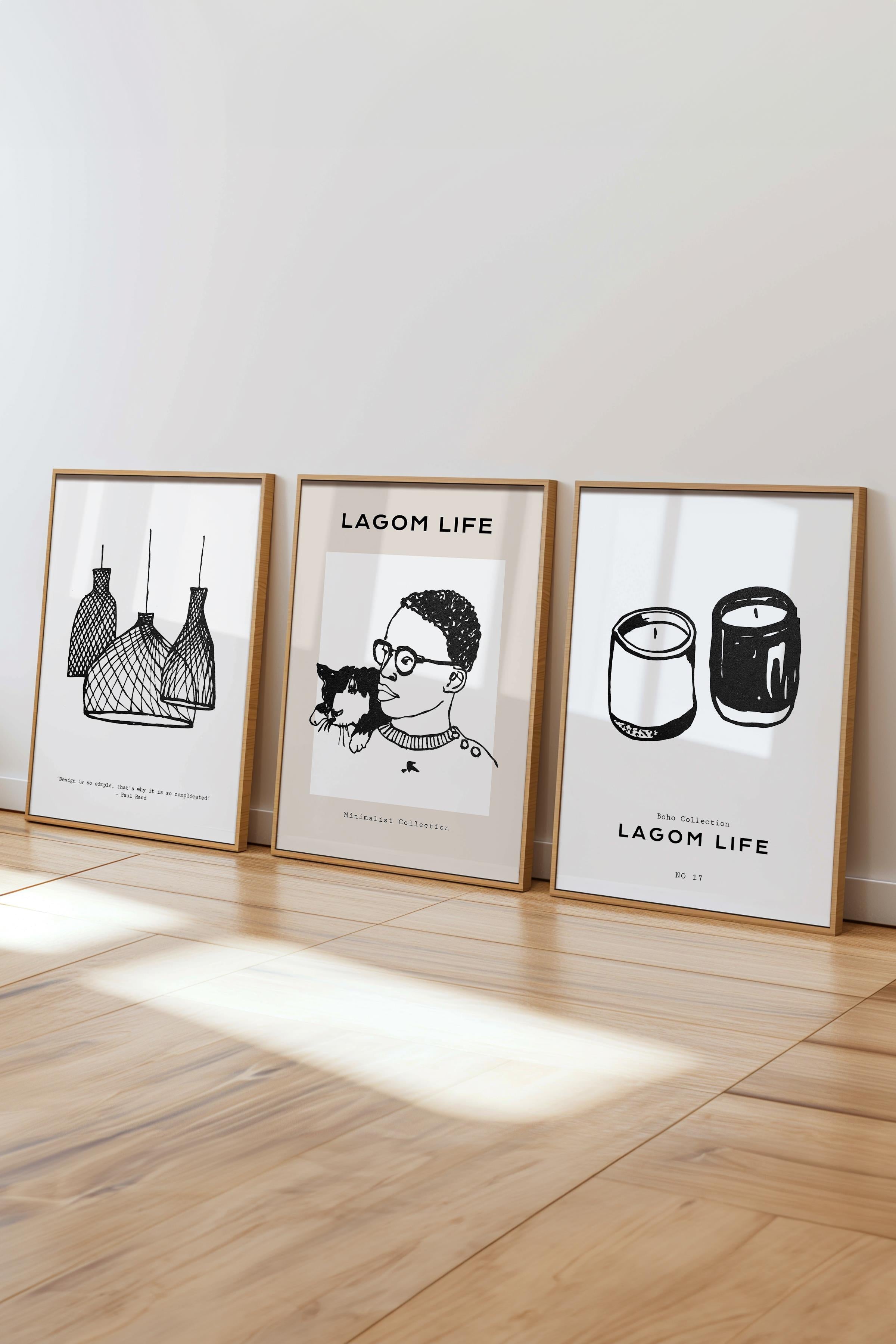 Çerçeveli Tablo Seti, 3 Adet Ahşap Çerçeve ve Minimalist Çizim Temalı Poster Seti, No:300596