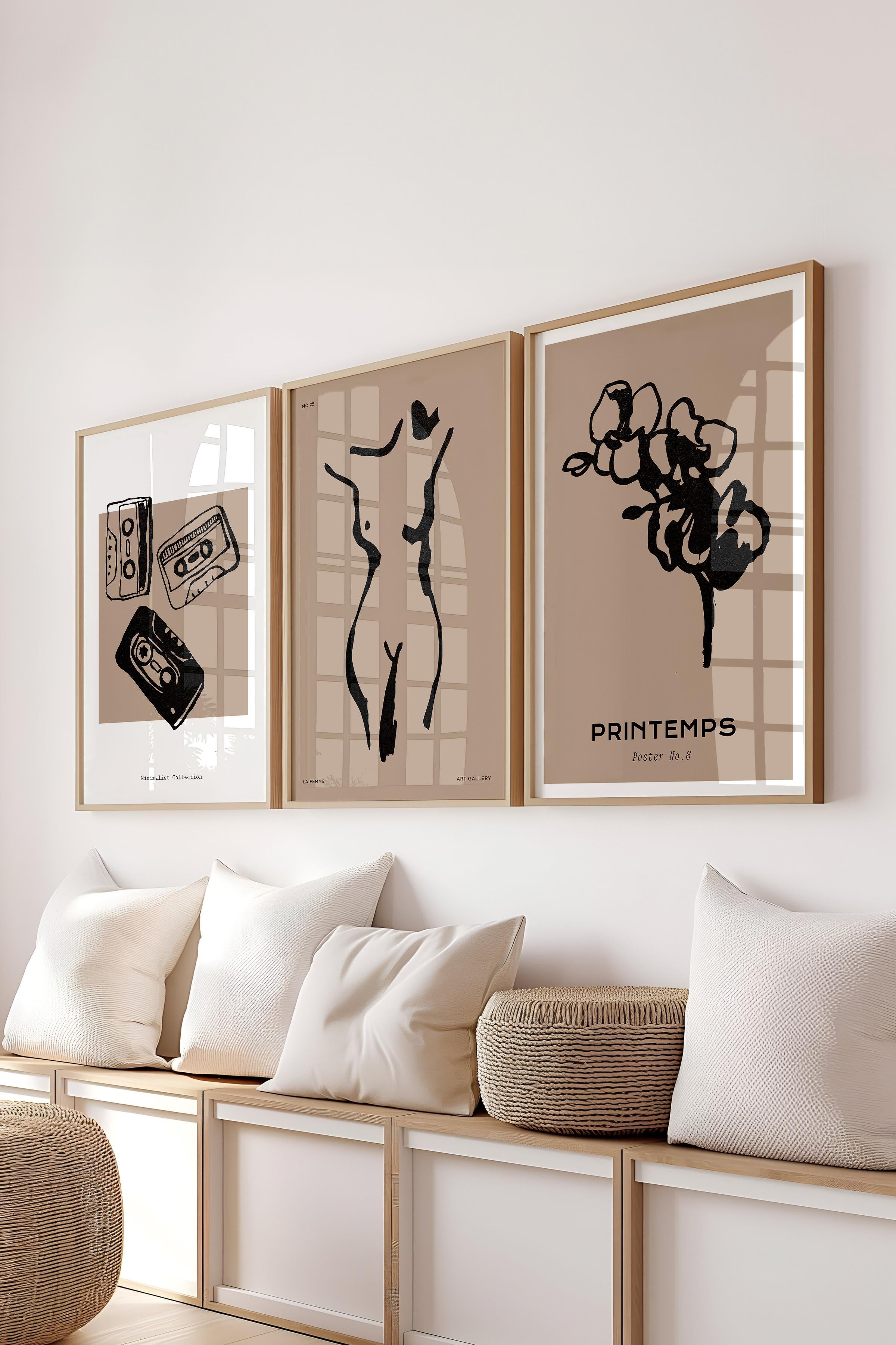 Çerçeveli Tablo Seti, 3 Adet Ahşap Çerçeve ve Minimalist Çizim Temalı Poster Seti, No:300597
