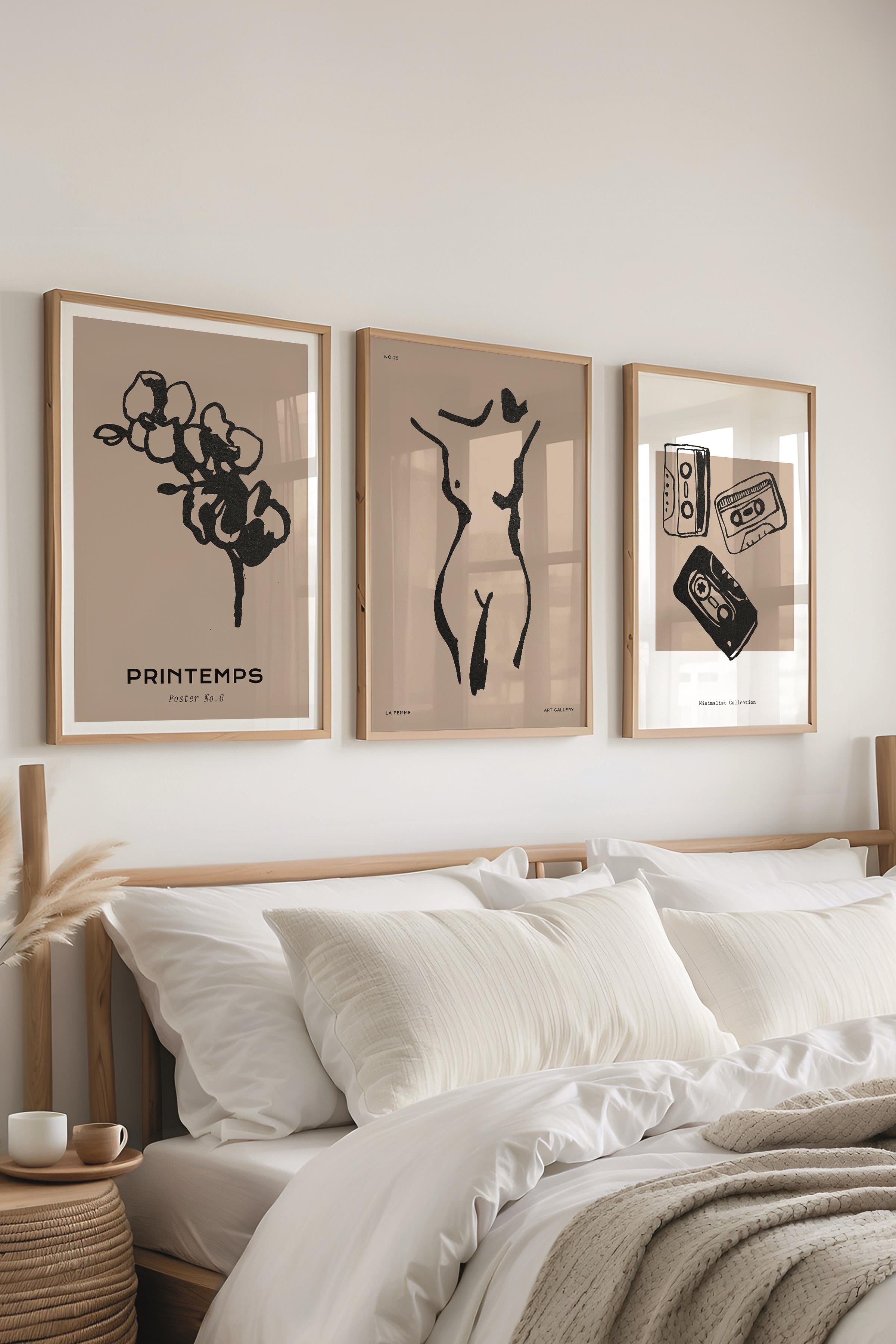 Çerçeveli Tablo Seti, 3 Adet Ahşap Çerçeve ve Minimalist Çizim Temalı Poster Seti, No:300597