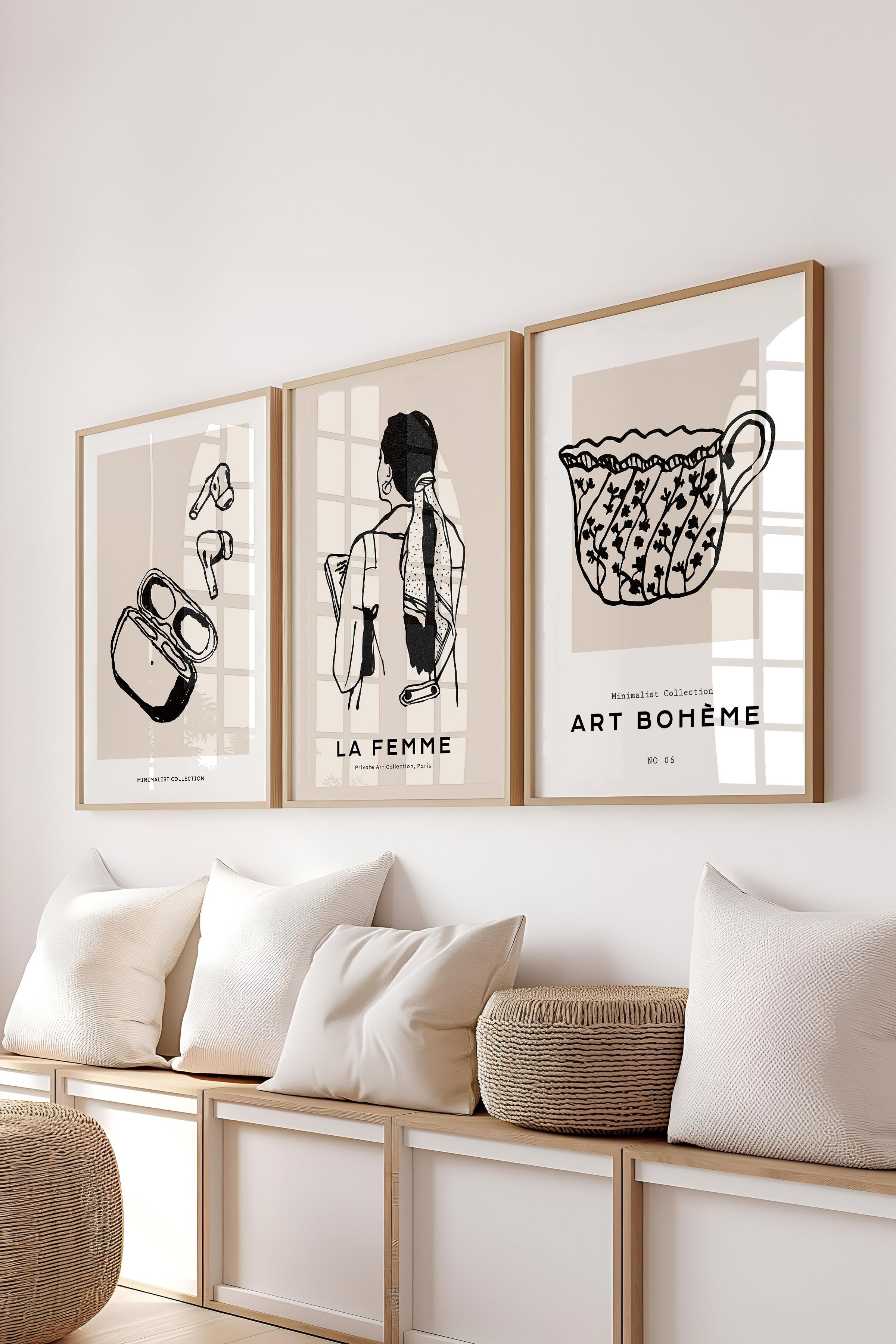 Çerçeveli Tablo Seti, 3 Adet Ahşap Çerçeve ve Minimalist Çizim Temalı Poster Seti, No:300598