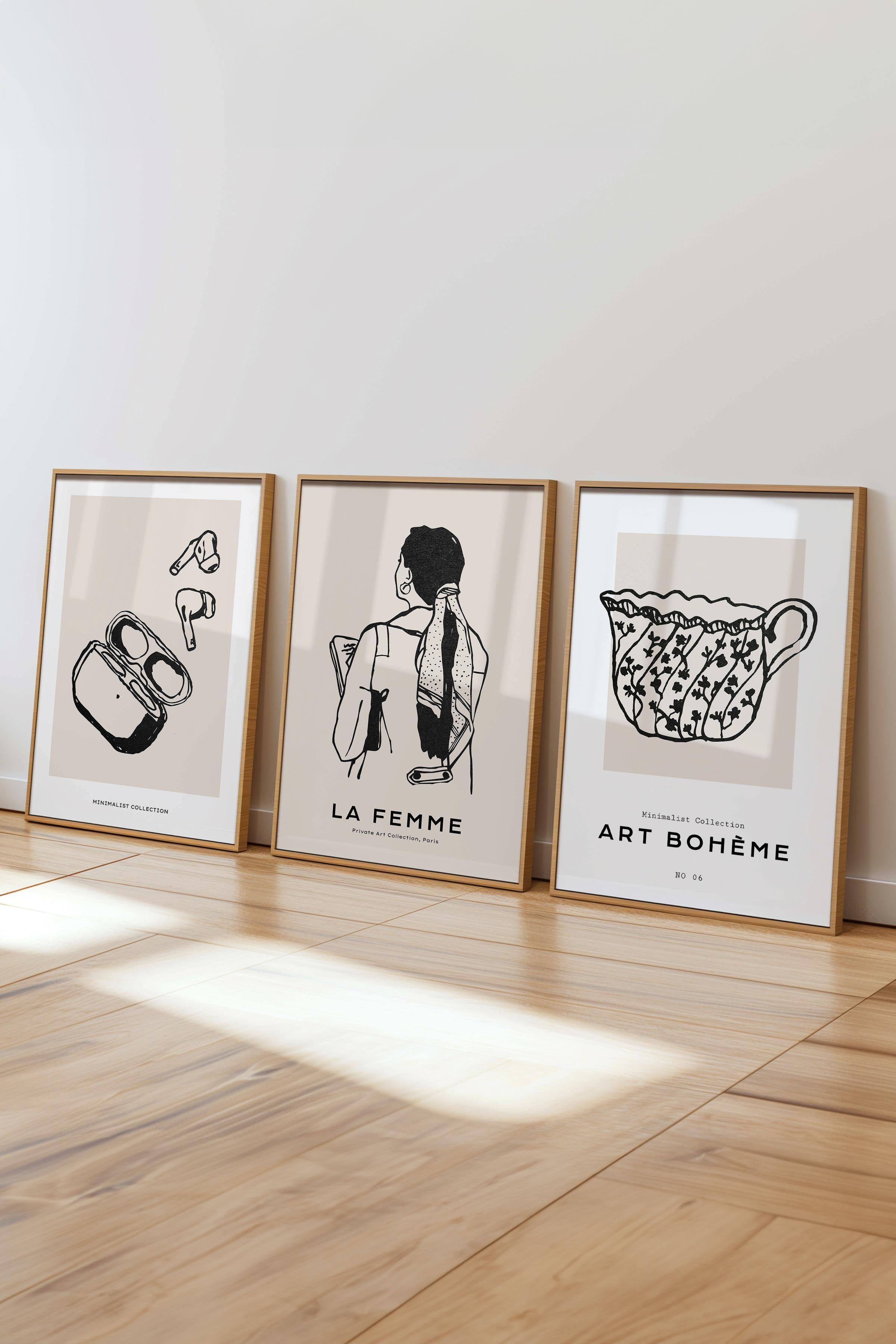 Çerçeveli Tablo Seti, 3 Adet Ahşap Çerçeve ve Minimalist Çizim Temalı Poster Seti, No:300598