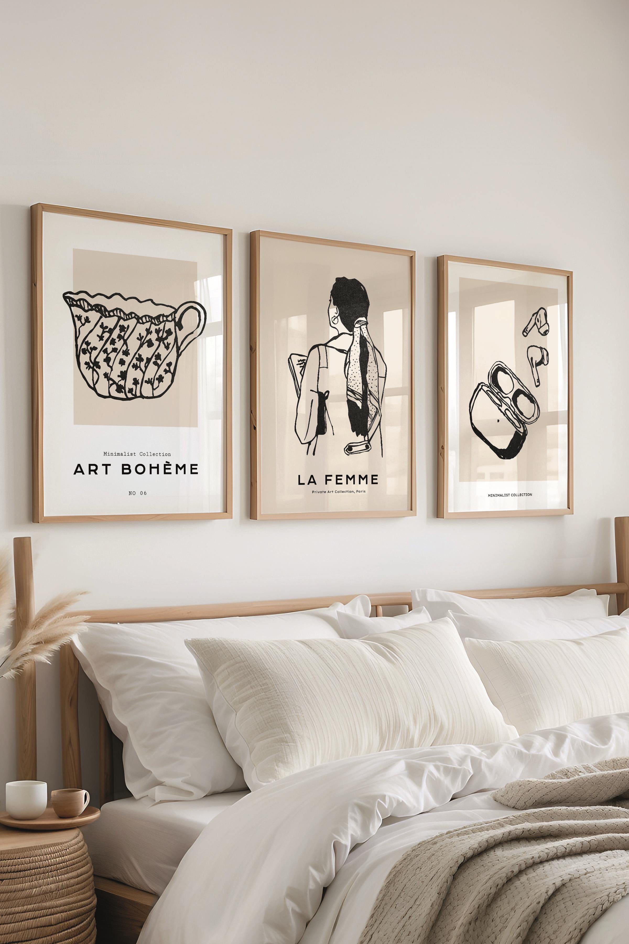 Çerçeveli Tablo Seti, 3 Adet Ahşap Çerçeve ve Minimalist Çizim Temalı Poster Seti, No:300598
