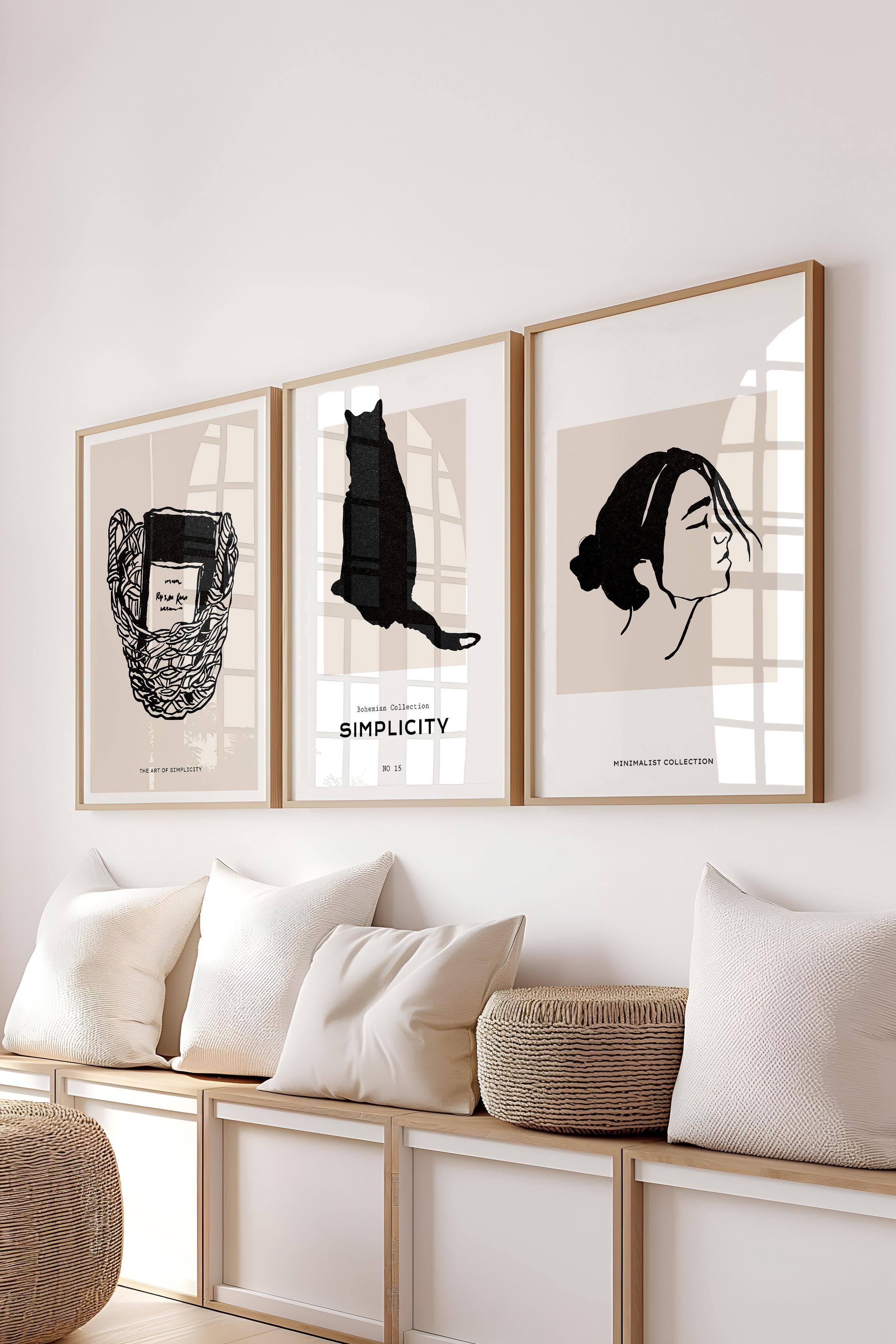 Çerçeveli Tablo Seti, 3 Adet Ahşap Çerçeve ve Minimalist Çizim Temalı Poster Seti, No:300599
