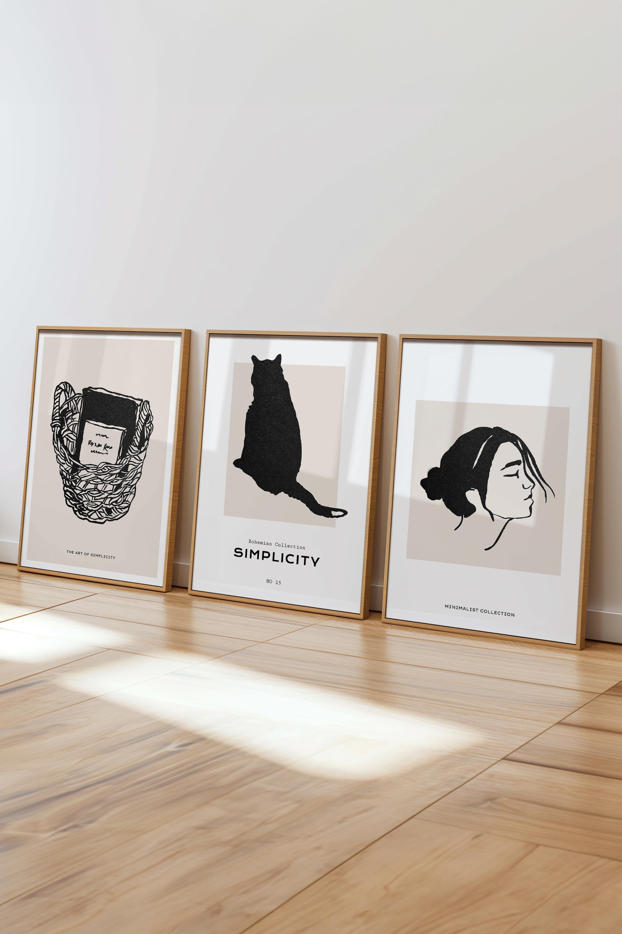 Çerçeveli Tablo Seti, 3 Adet Ahşap Çerçeve ve Minimalist Çizim Temalı Poster Seti, No:300599