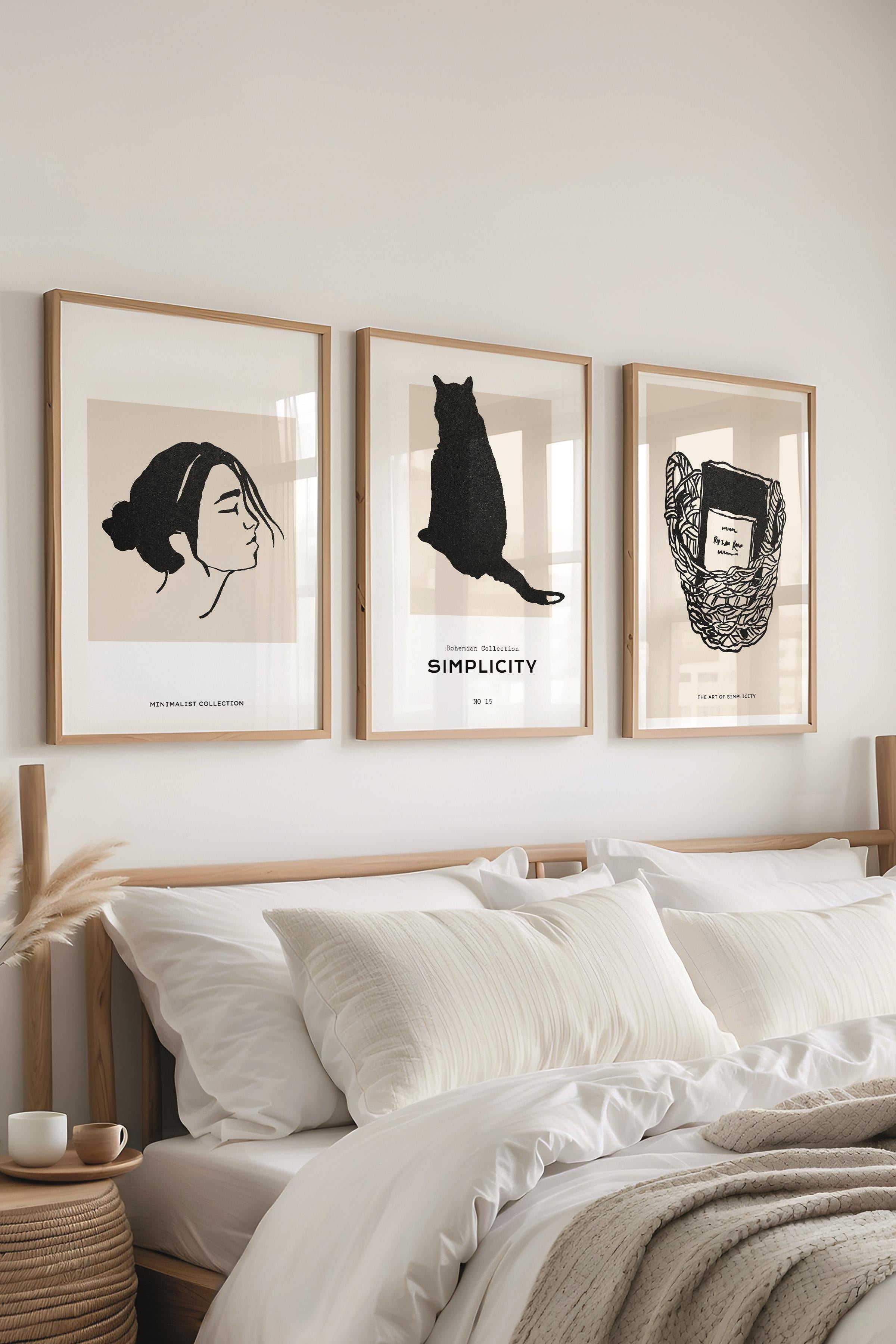Çerçeveli Tablo Seti, 3 Adet Ahşap Çerçeve ve Minimalist Çizim Temalı Poster Seti, No:300599