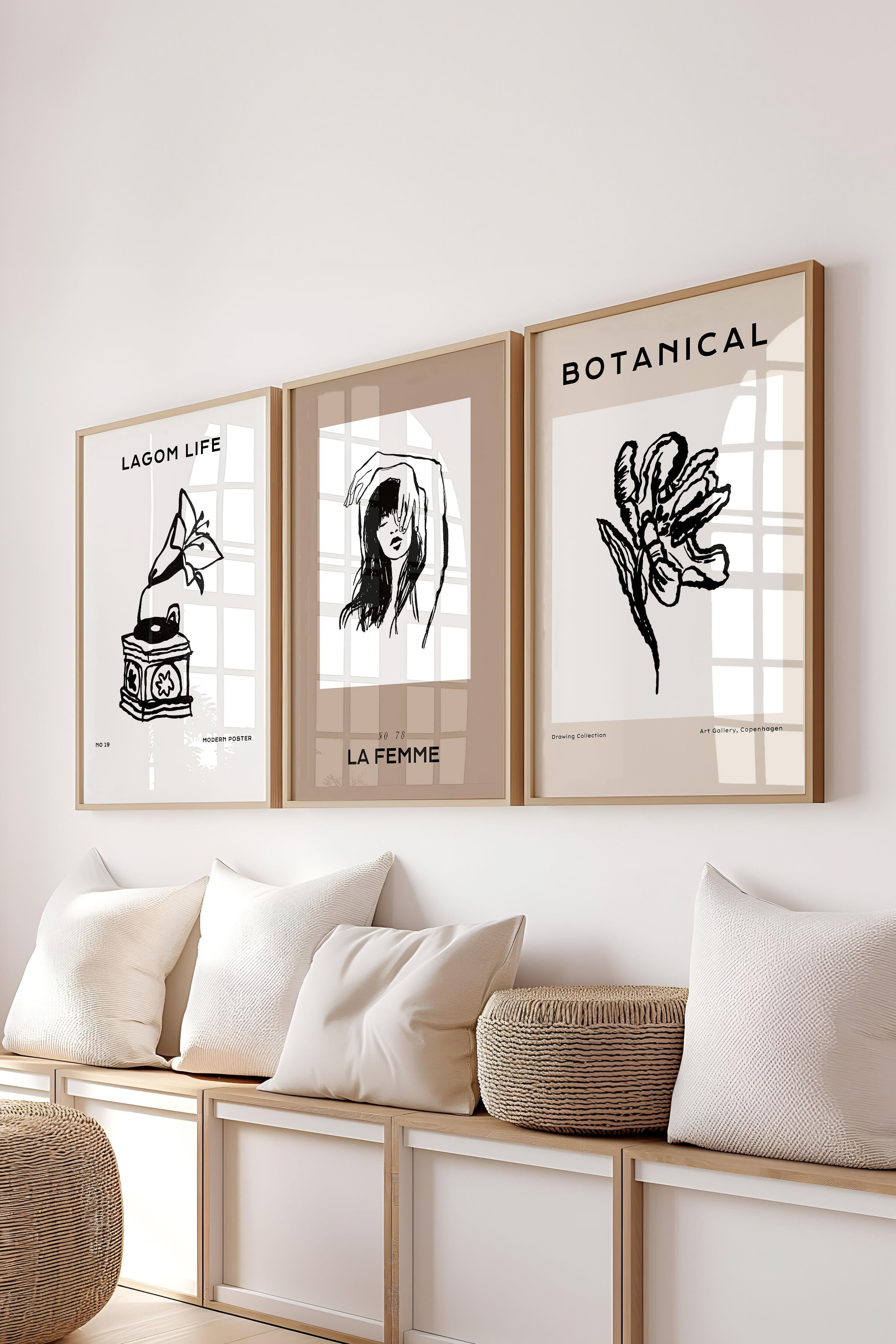 Çerçeveli Tablo Seti, 3 Adet Ahşap Çerçeve ve Minimalist Çizim Temalı Poster Seti, No:300600