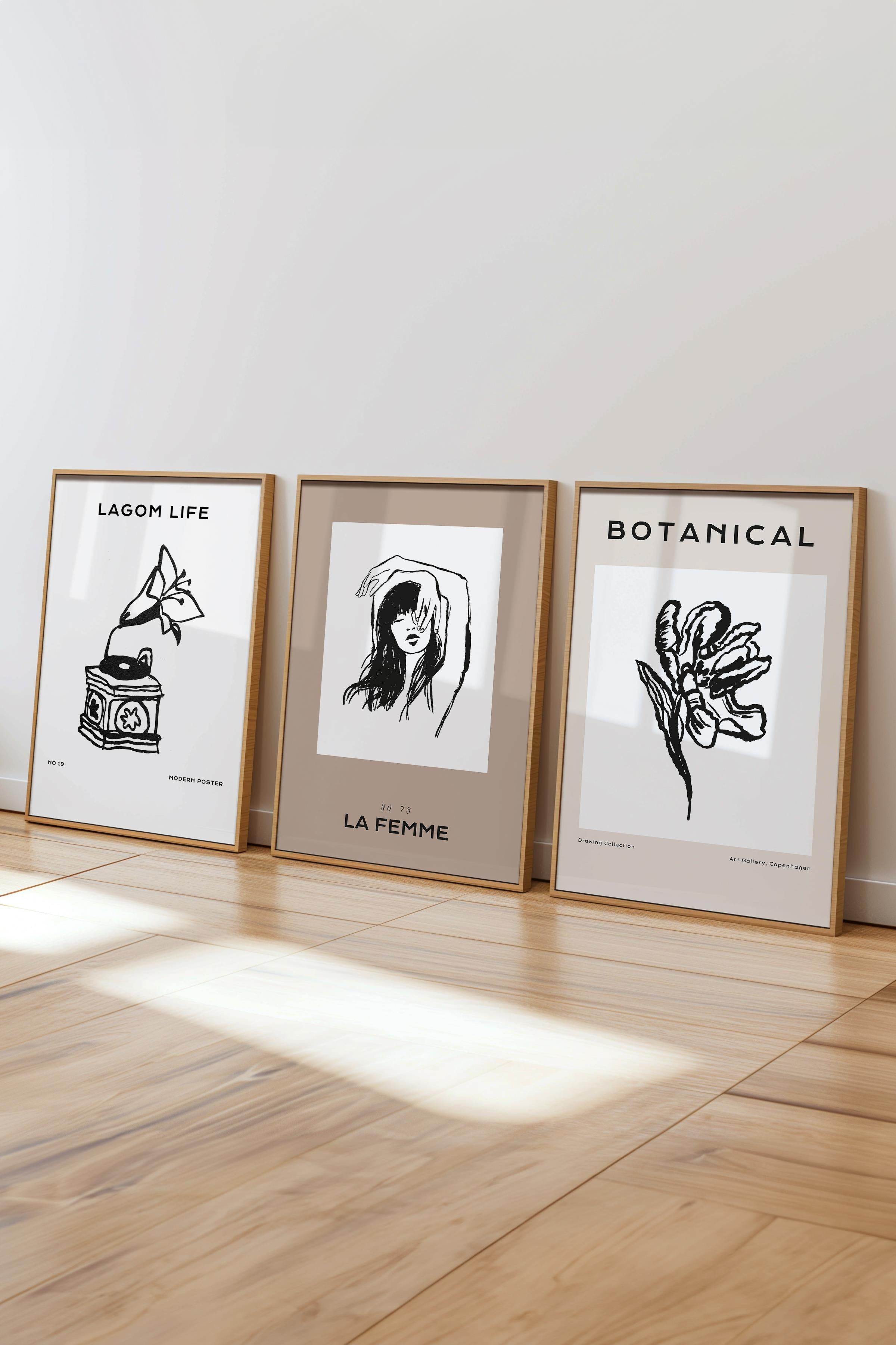 Çerçeveli Tablo Seti, 3 Adet Ahşap Çerçeve ve Minimalist Çizim Temalı Poster Seti, No:300600