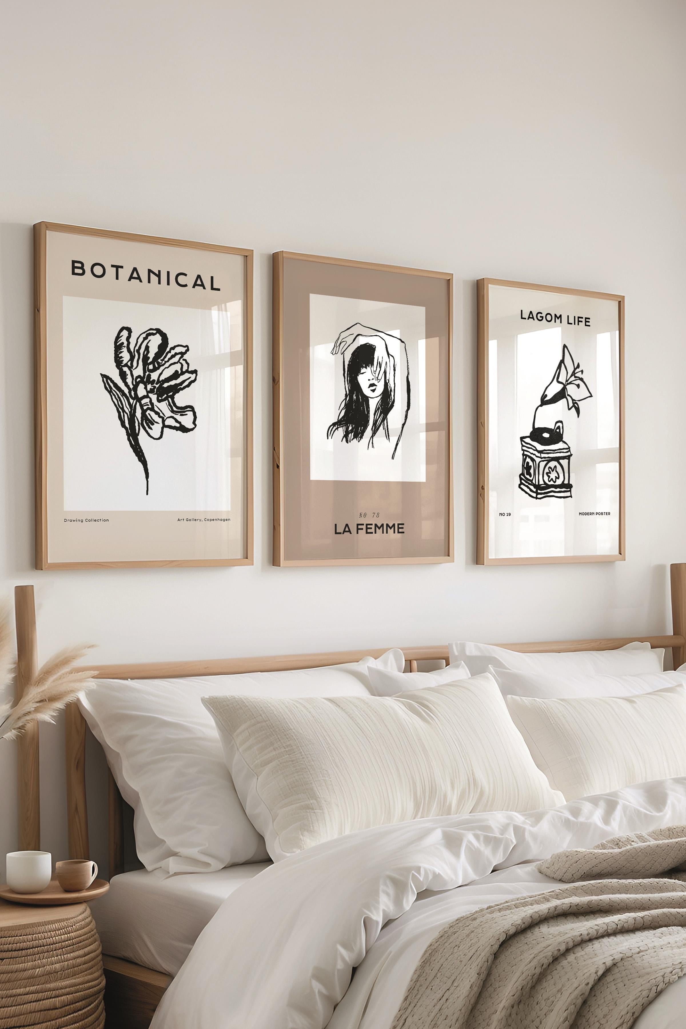 Çerçeveli Tablo Seti, 3 Adet Ahşap Çerçeve ve Minimalist Çizim Temalı Poster Seti, No:300600