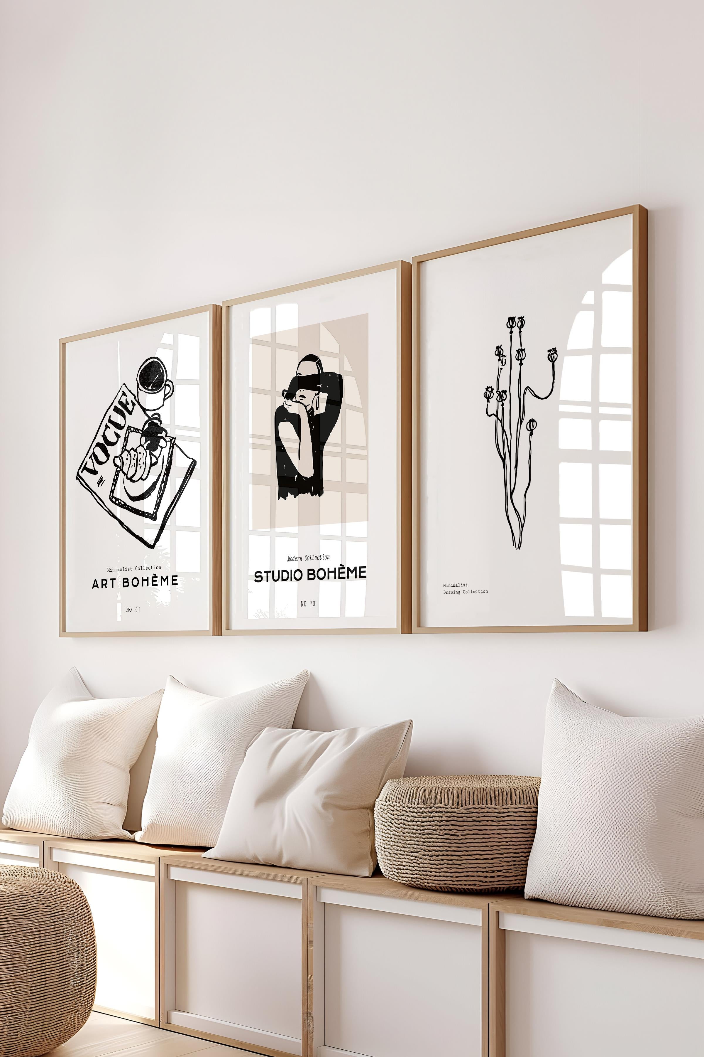 Çerçeveli Tablo Seti, 3 Adet Ahşap Çerçeve ve Minimalist Çizim Temalı Poster Seti, No:300601