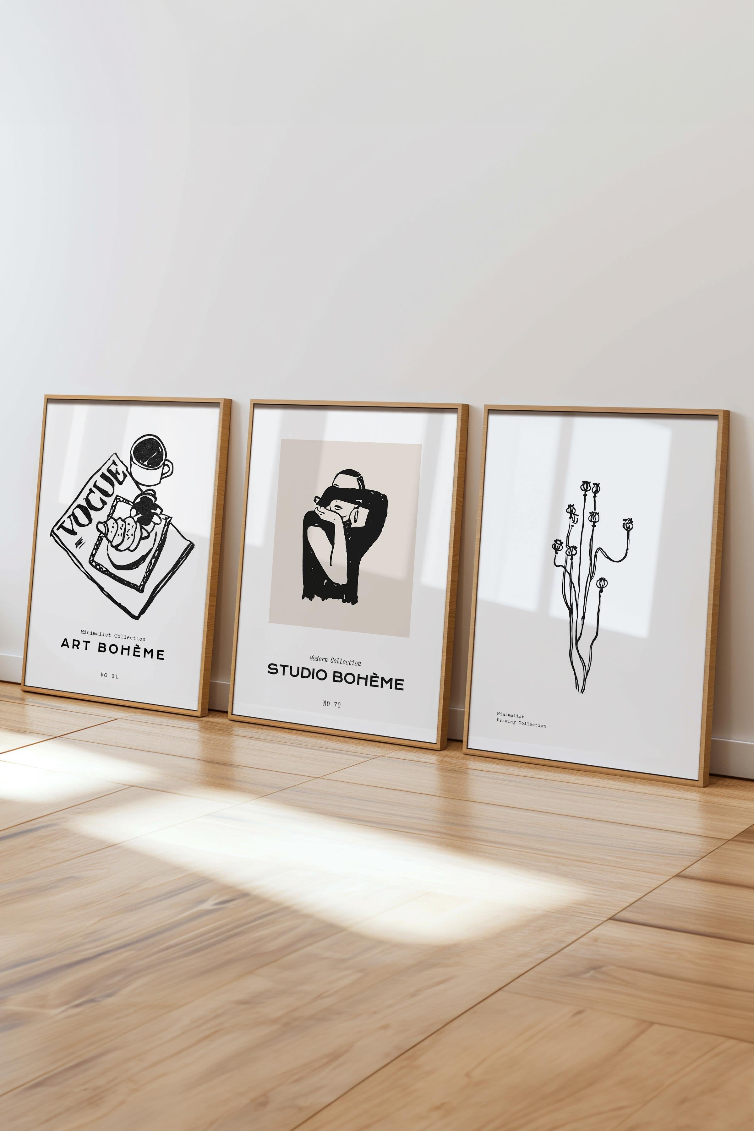Çerçeveli Tablo Seti, 3 Adet Ahşap Çerçeve ve Minimalist Çizim Temalı Poster Seti, No:300601
