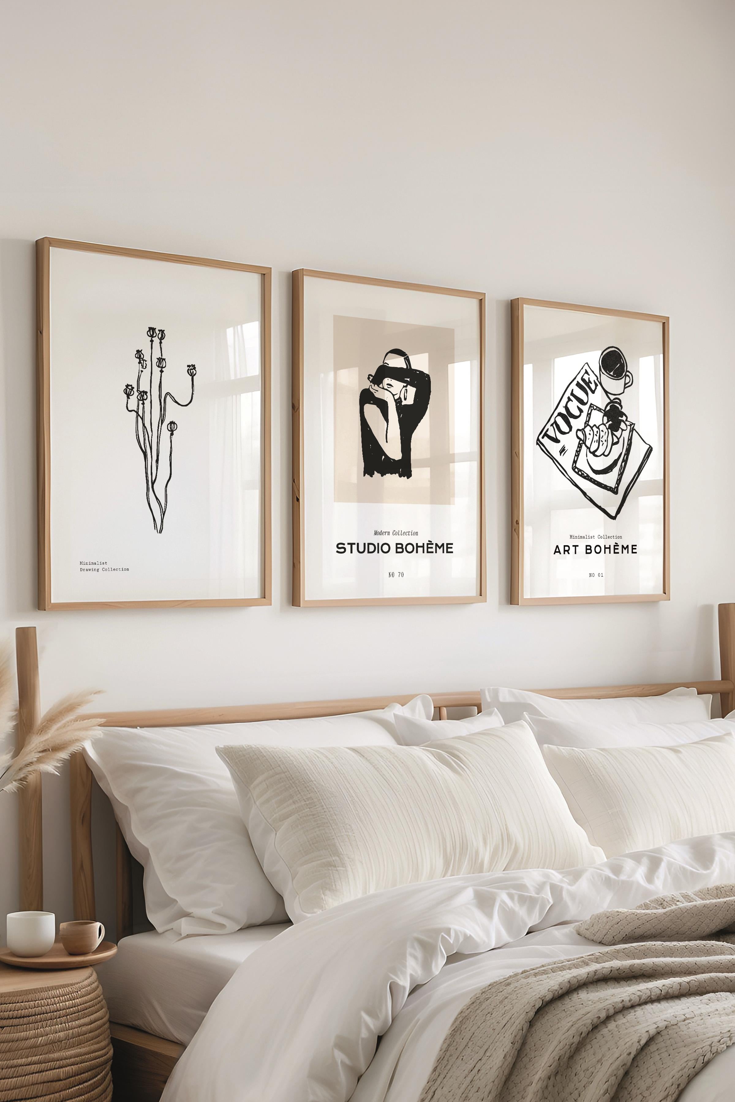 Çerçeveli Tablo Seti, 3 Adet Ahşap Çerçeve ve Minimalist Çizim Temalı Poster Seti, No:300601