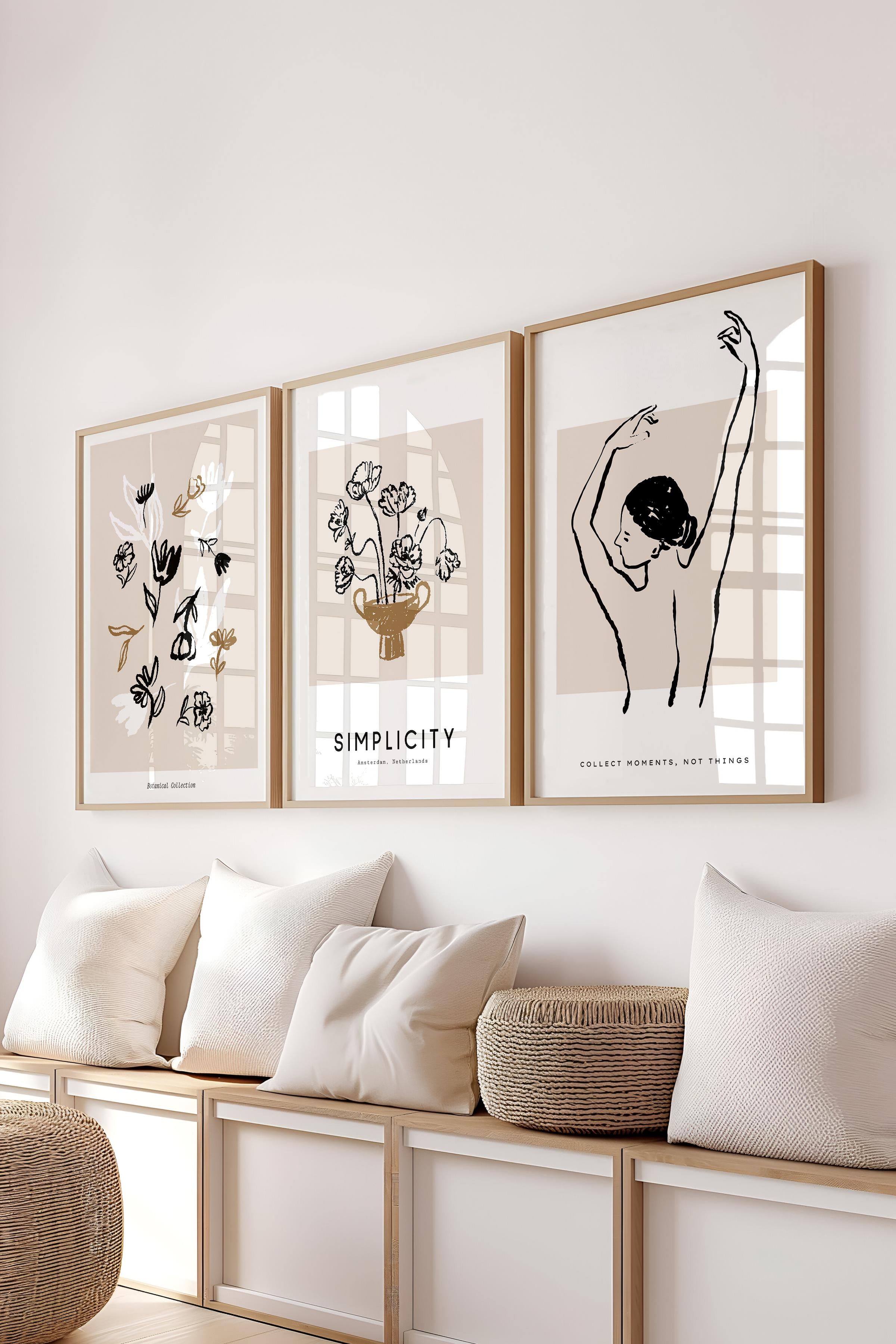 Çerçeveli Tablo Seti, 3 Adet Ahşap Çerçeve ve Minimalist Çizim Temalı Poster Seti, No:300602