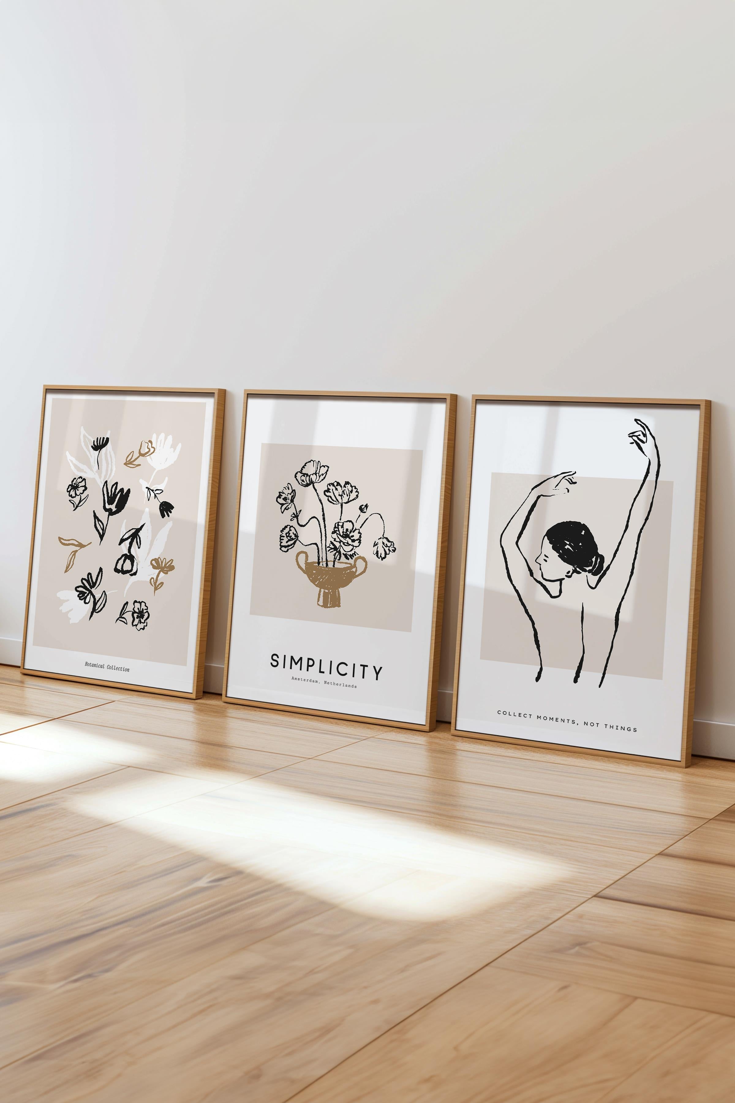 Çerçeveli Tablo Seti, 3 Adet Ahşap Çerçeve ve Minimalist Çizim Temalı Poster Seti, No:300602