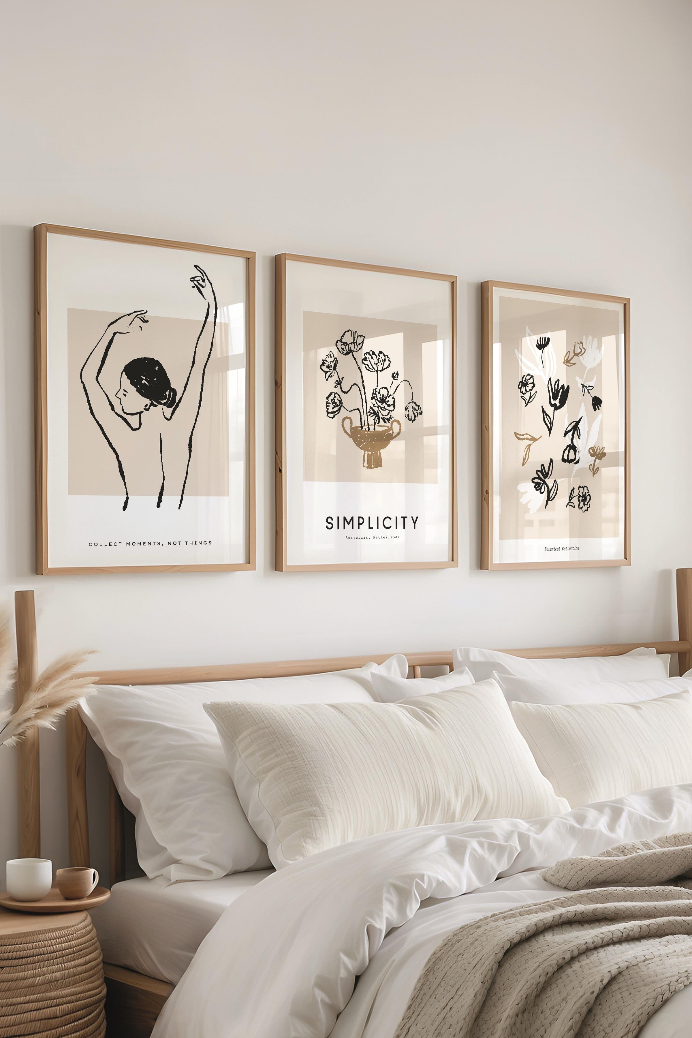 Çerçeveli Tablo Seti, 3 Adet Ahşap Çerçeve ve Minimalist Çizim Temalı Poster Seti, No:300602