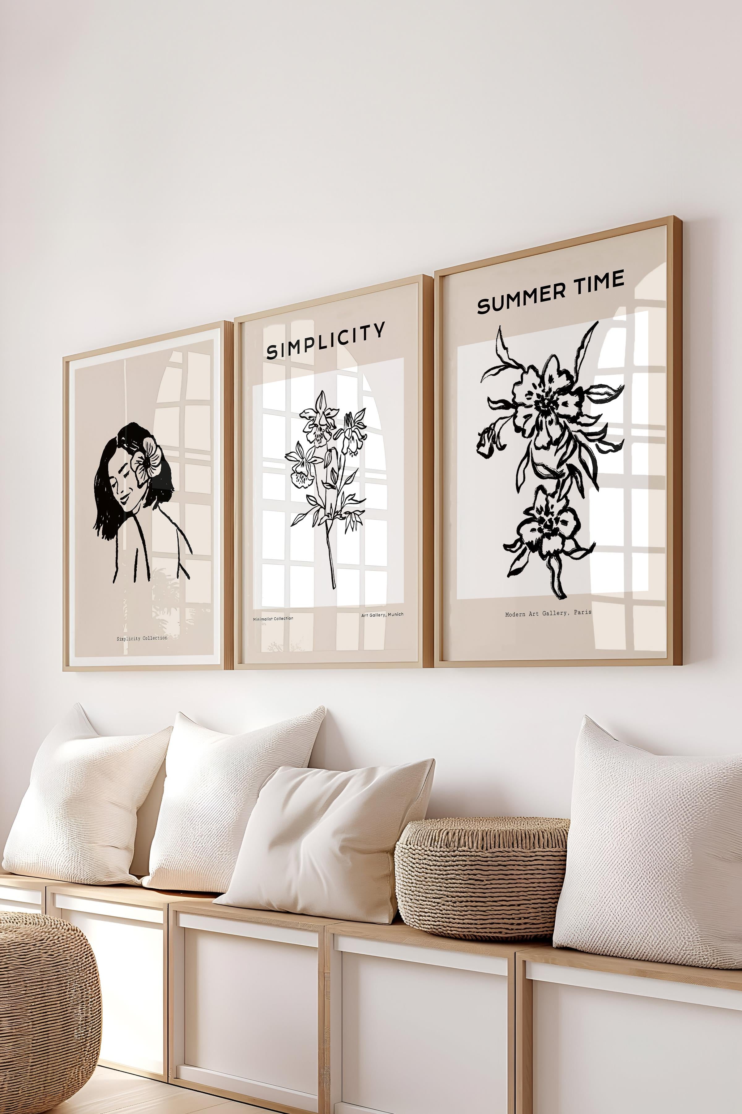 Çerçeveli Tablo Seti, 3 Adet Ahşap Çerçeve ve Minimalist Çizim Temalı Poster Seti, No:300603