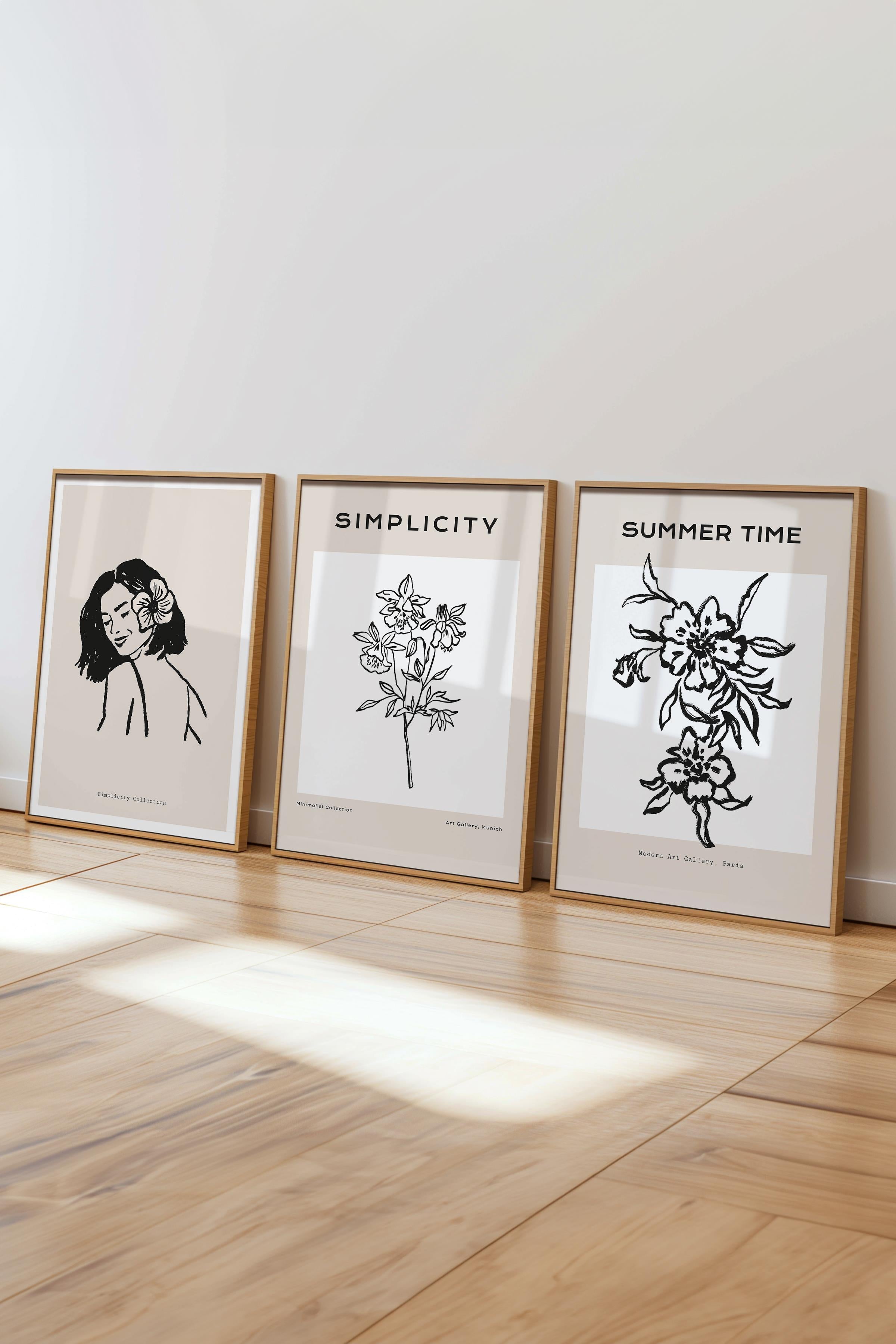 Çerçeveli Tablo Seti, 3 Adet Ahşap Çerçeve ve Minimalist Çizim Temalı Poster Seti, No:300603