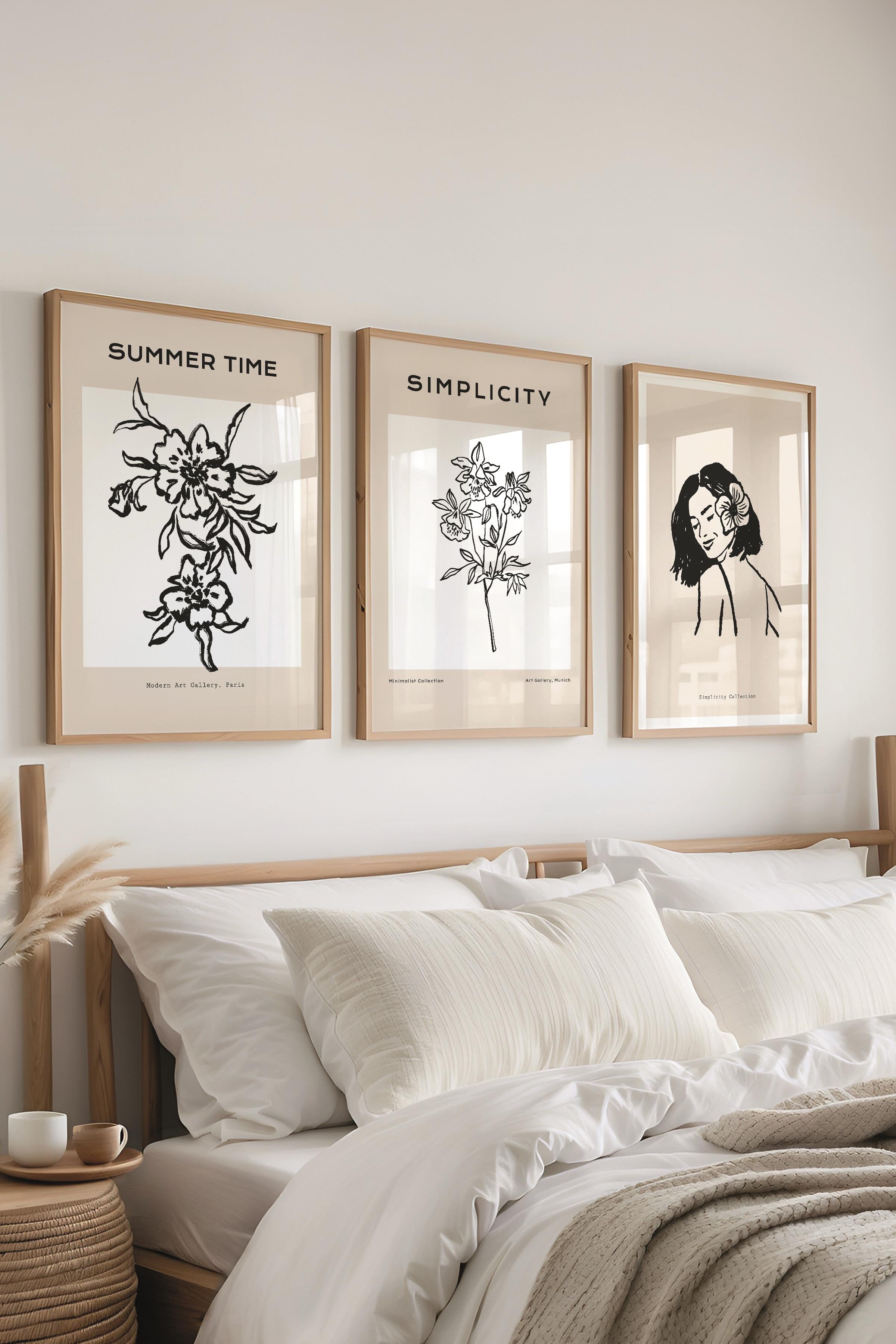 Çerçeveli Tablo Seti, 3 Adet Ahşap Çerçeve ve Minimalist Çizim Temalı Poster Seti, No:300603
