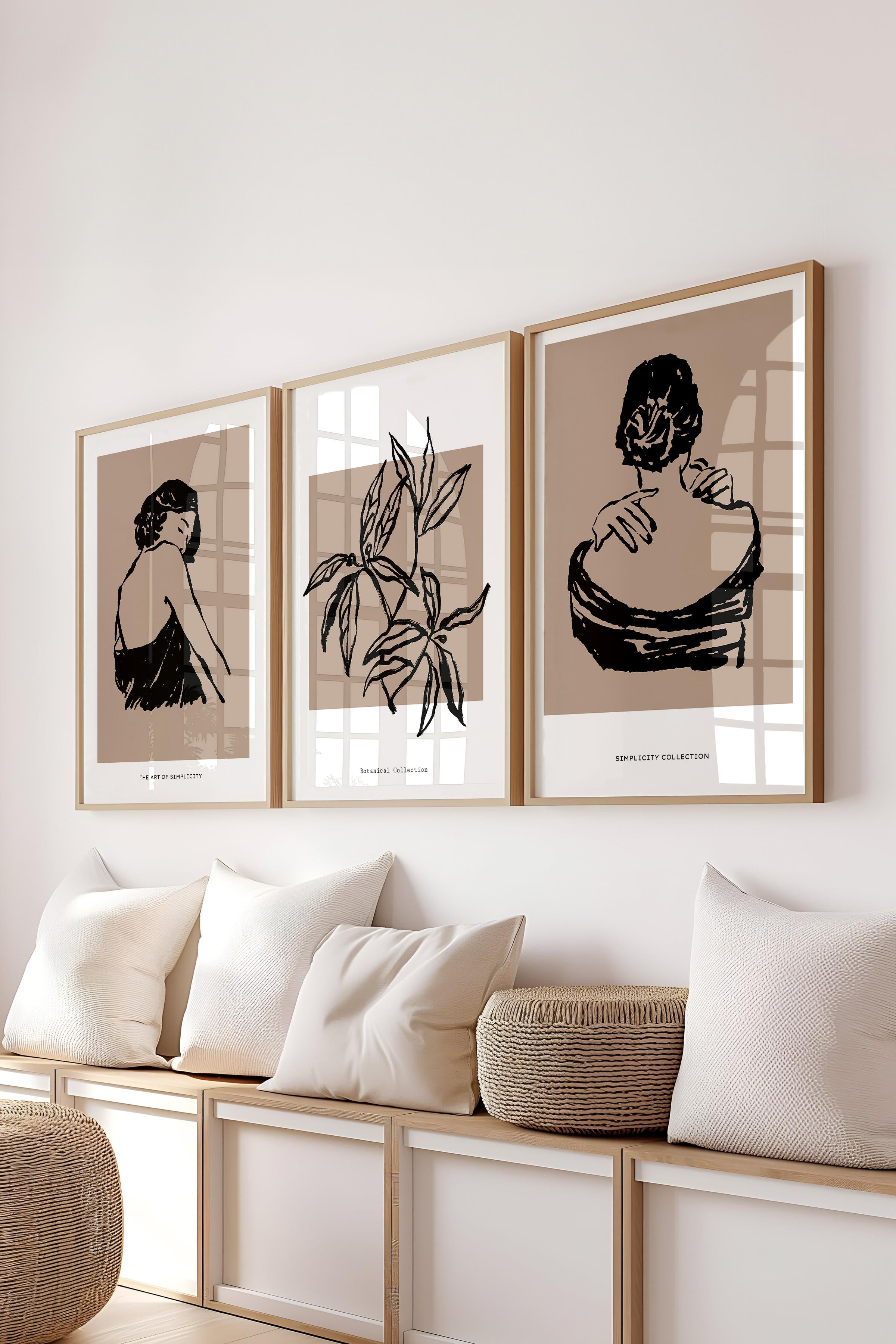 Çerçeveli Tablo Seti, 3 Adet Ahşap Çerçeve ve Minimalist Çizim Temalı Poster Seti, No:300604