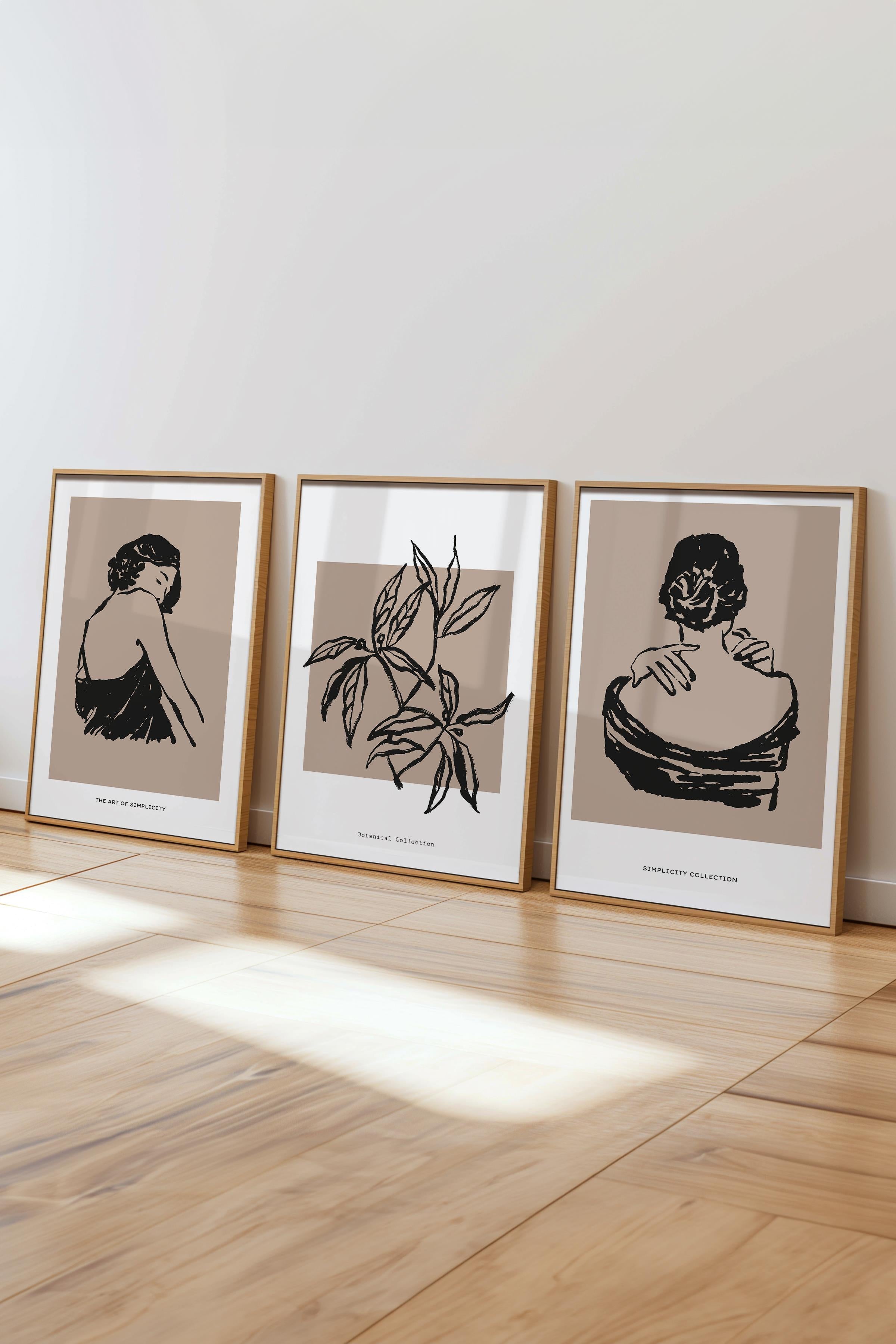Çerçeveli Tablo Seti, 3 Adet Ahşap Çerçeve ve Minimalist Çizim Temalı Poster Seti, No:300604