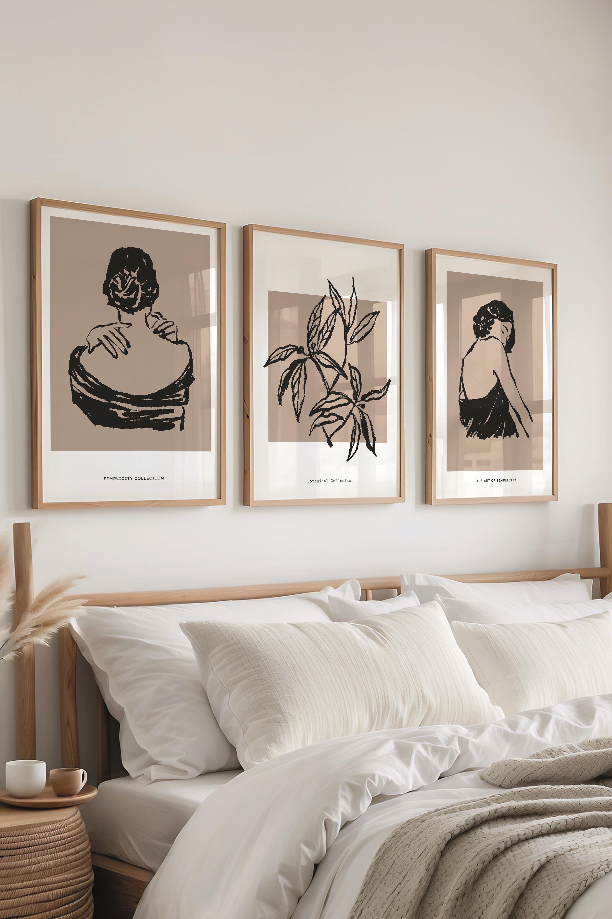 Çerçeveli Tablo Seti, 3 Adet Ahşap Çerçeve ve Minimalist Çizim Temalı Poster Seti, No:300604