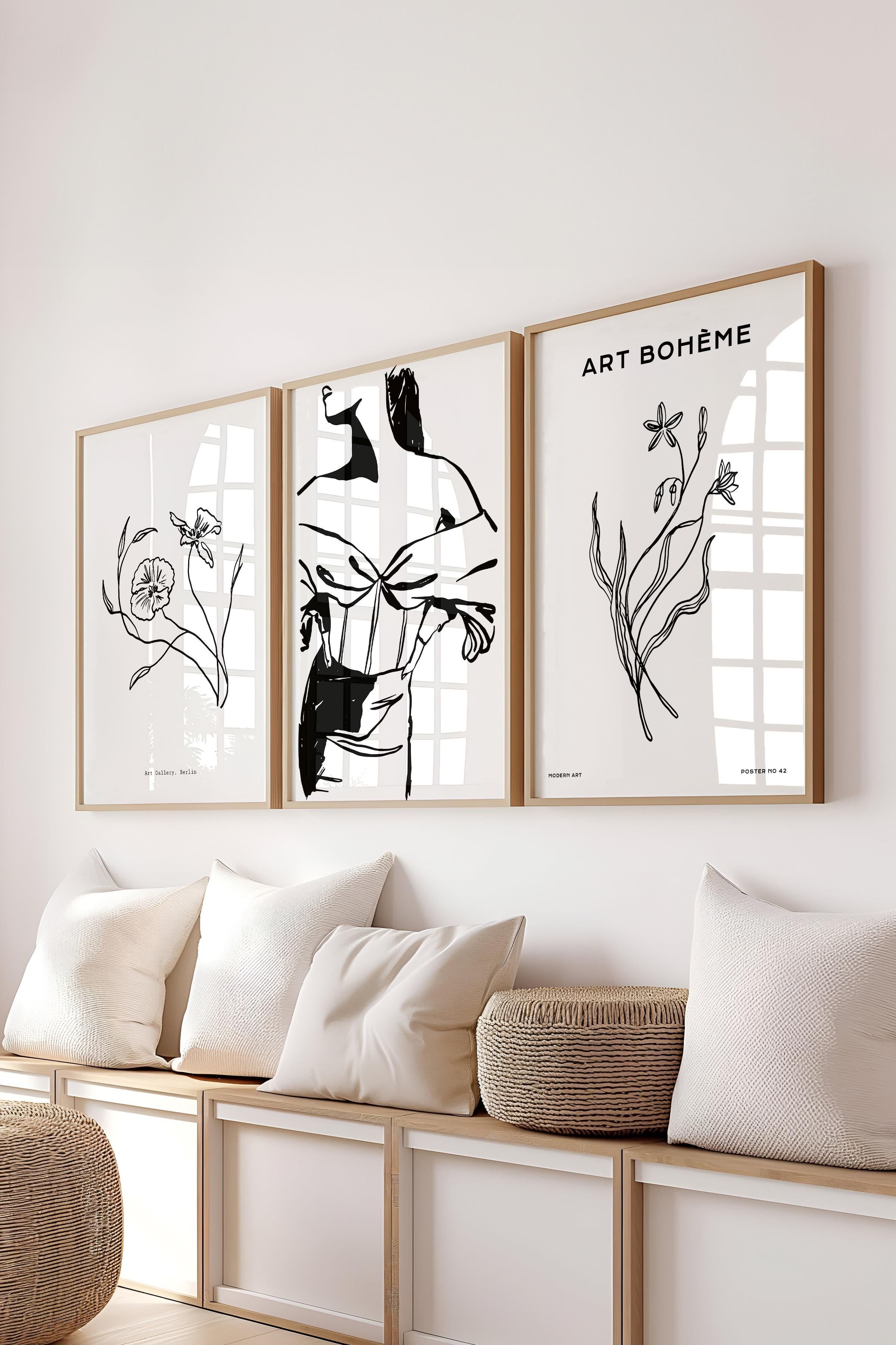 Çerçeveli Tablo Seti, 3 Adet Ahşap Çerçeve ve Minimalist Çizim Temalı Poster Seti, No:300605