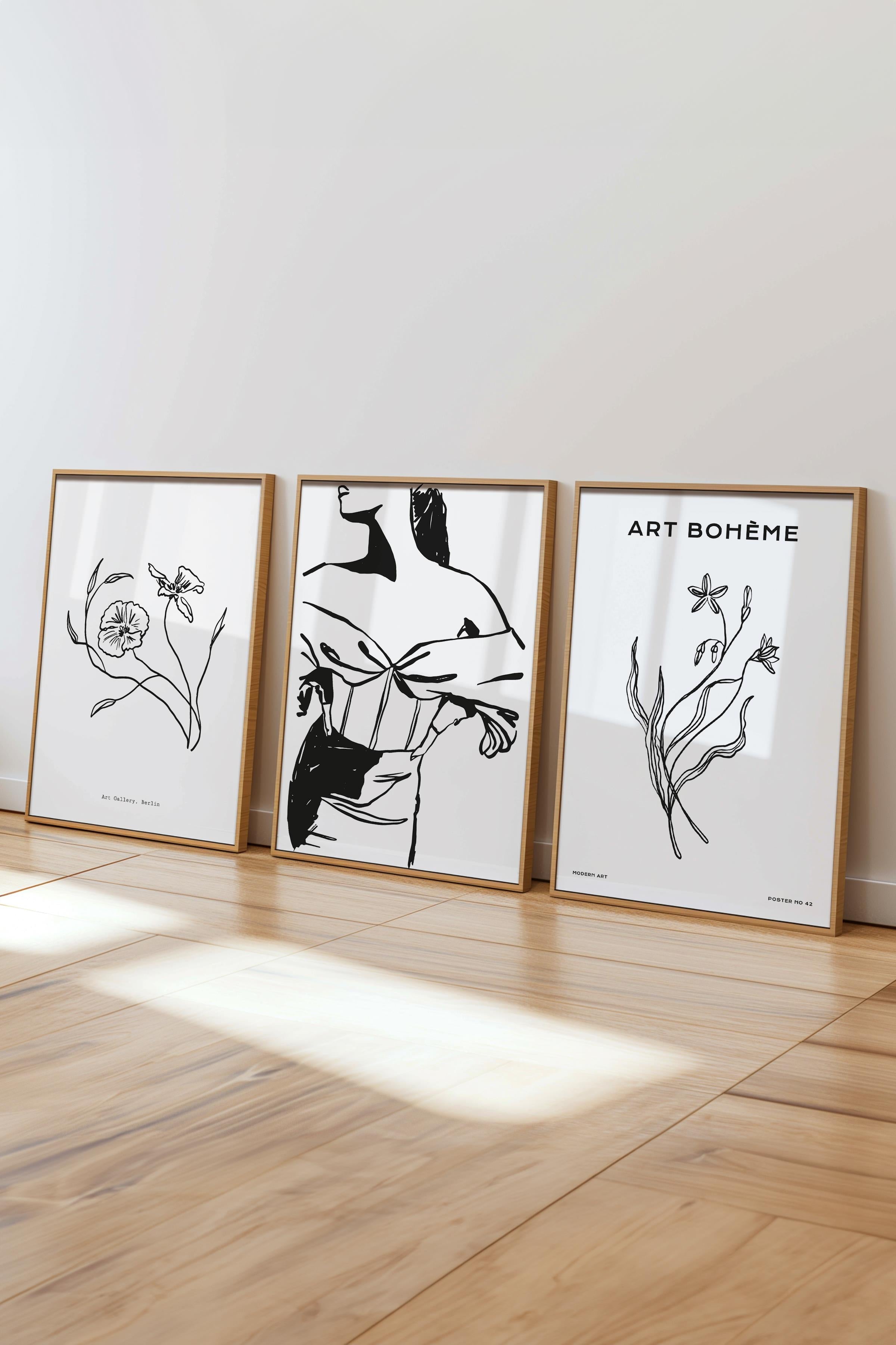 Çerçeveli Tablo Seti, 3 Adet Ahşap Çerçeve ve Minimalist Çizim Temalı Poster Seti, No:300605