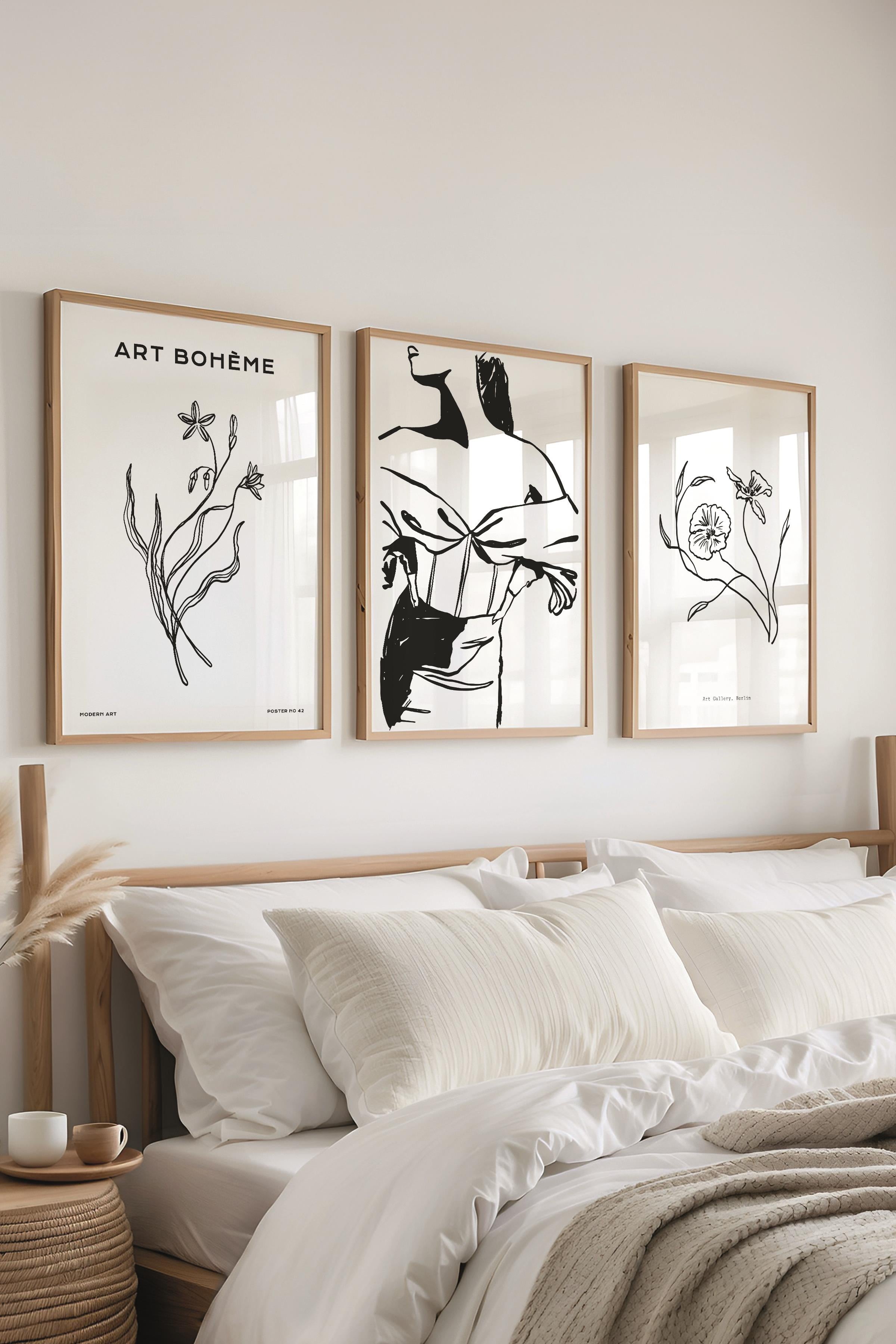 Çerçeveli Tablo Seti, 3 Adet Ahşap Çerçeve ve Minimalist Çizim Temalı Poster Seti, No:300605