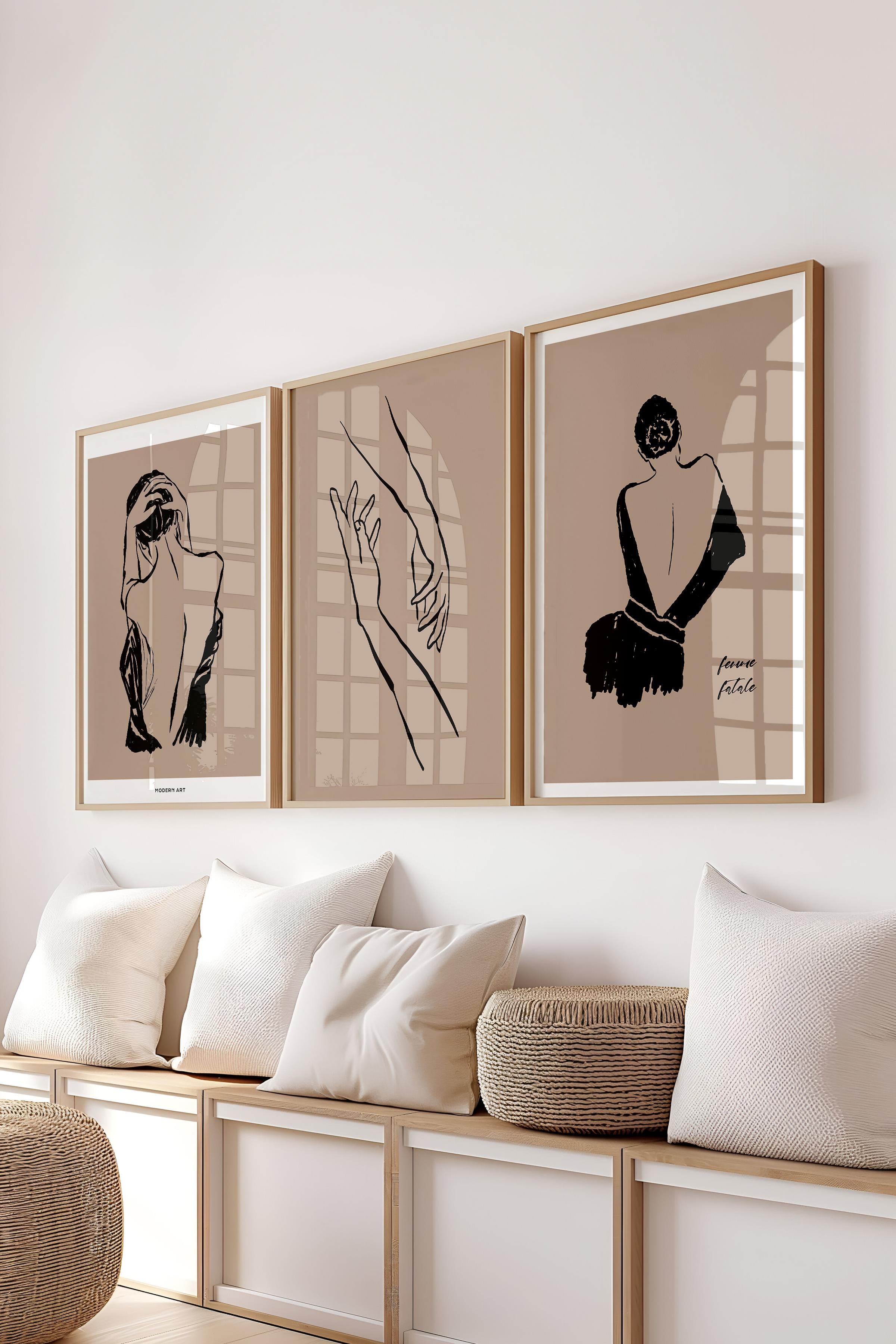 Çerçeveli Tablo Seti, 3 Adet Ahşap Çerçeve ve Minimalist Çizim Temalı Poster Seti, No:300606