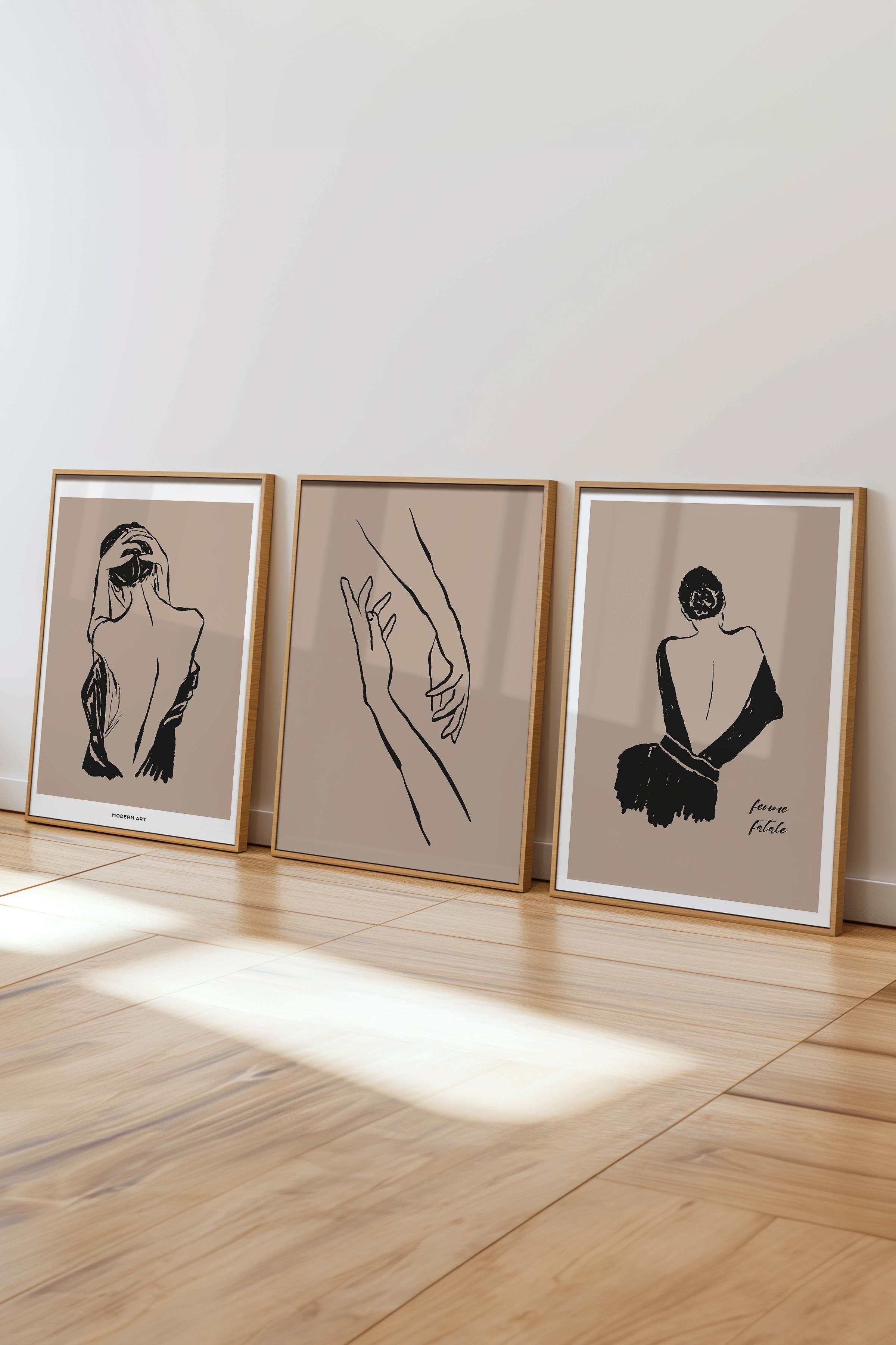 Çerçeveli Tablo Seti, 3 Adet Ahşap Çerçeve ve Minimalist Çizim Temalı Poster Seti, No:300606