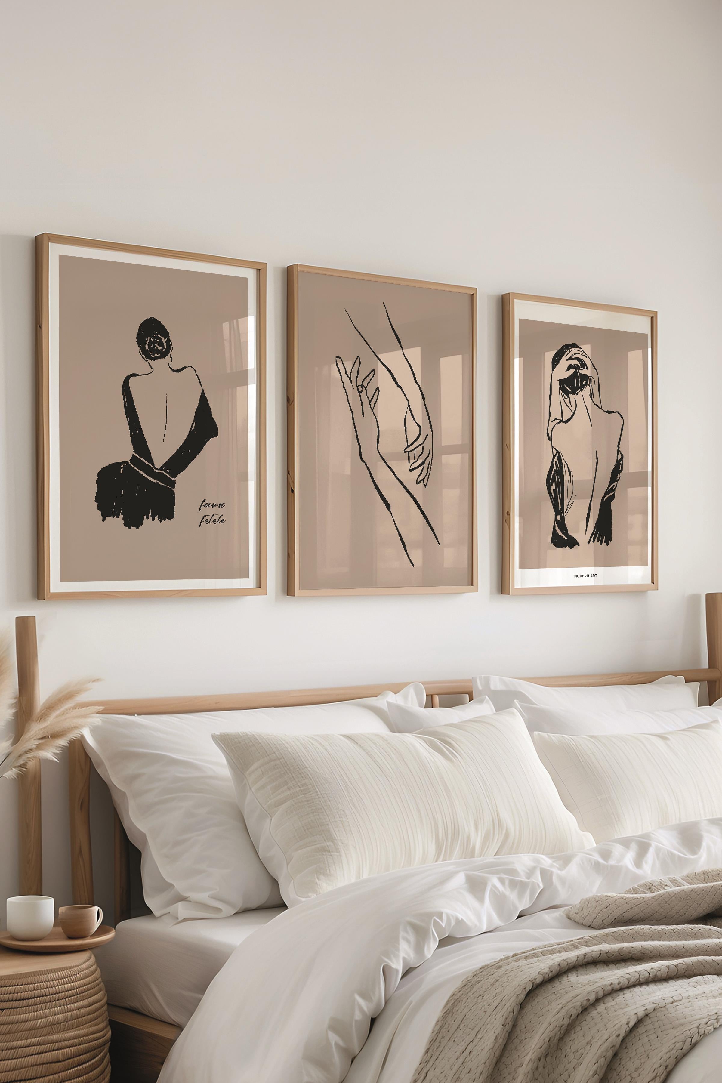 Çerçeveli Tablo Seti, 3 Adet Ahşap Çerçeve ve Minimalist Çizim Temalı Poster Seti, No:300606