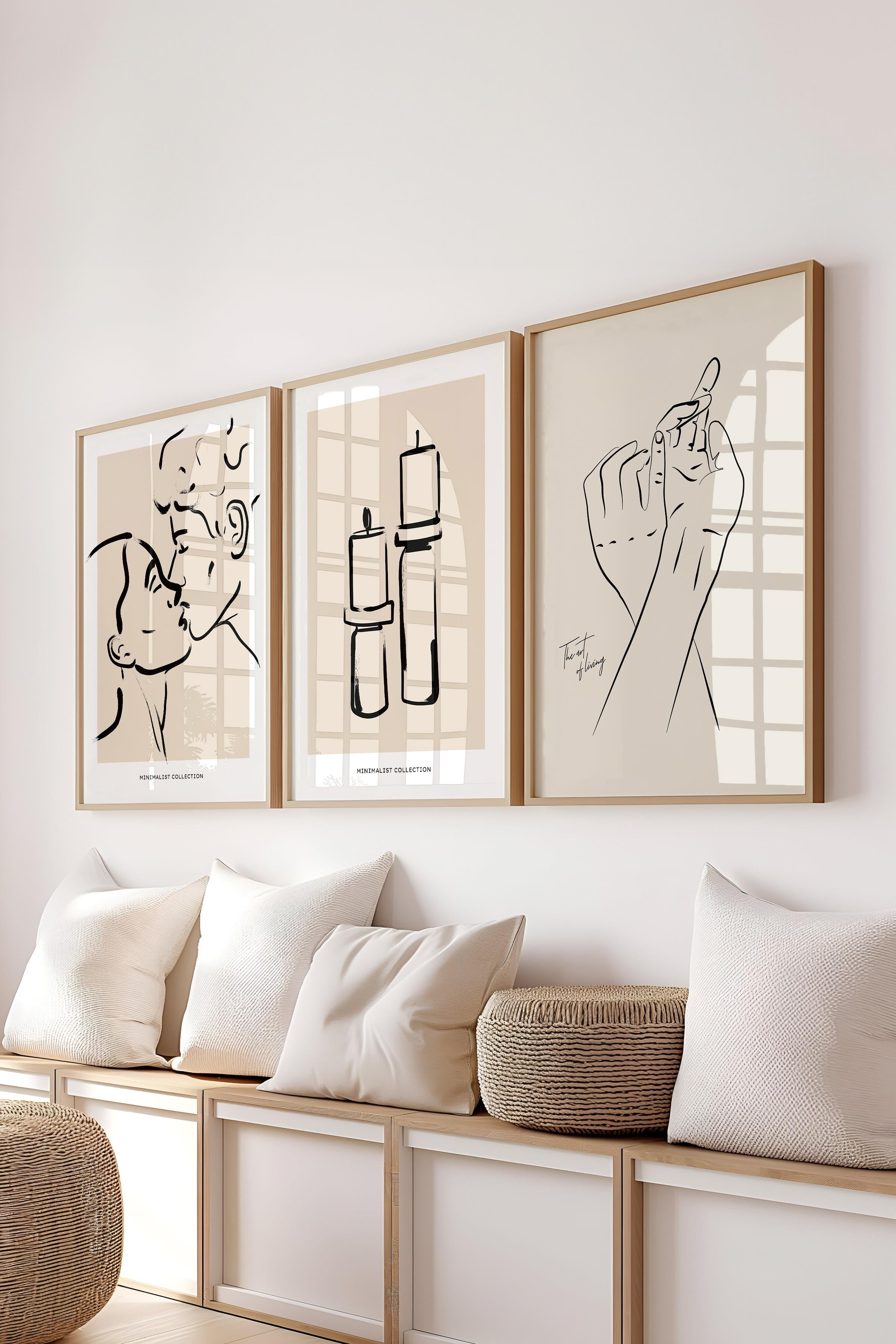 Çerçeveli Tablo Seti, 3 Adet Ahşap Çerçeve ve Minimalist Çizim Temalı Poster Seti, No:300607