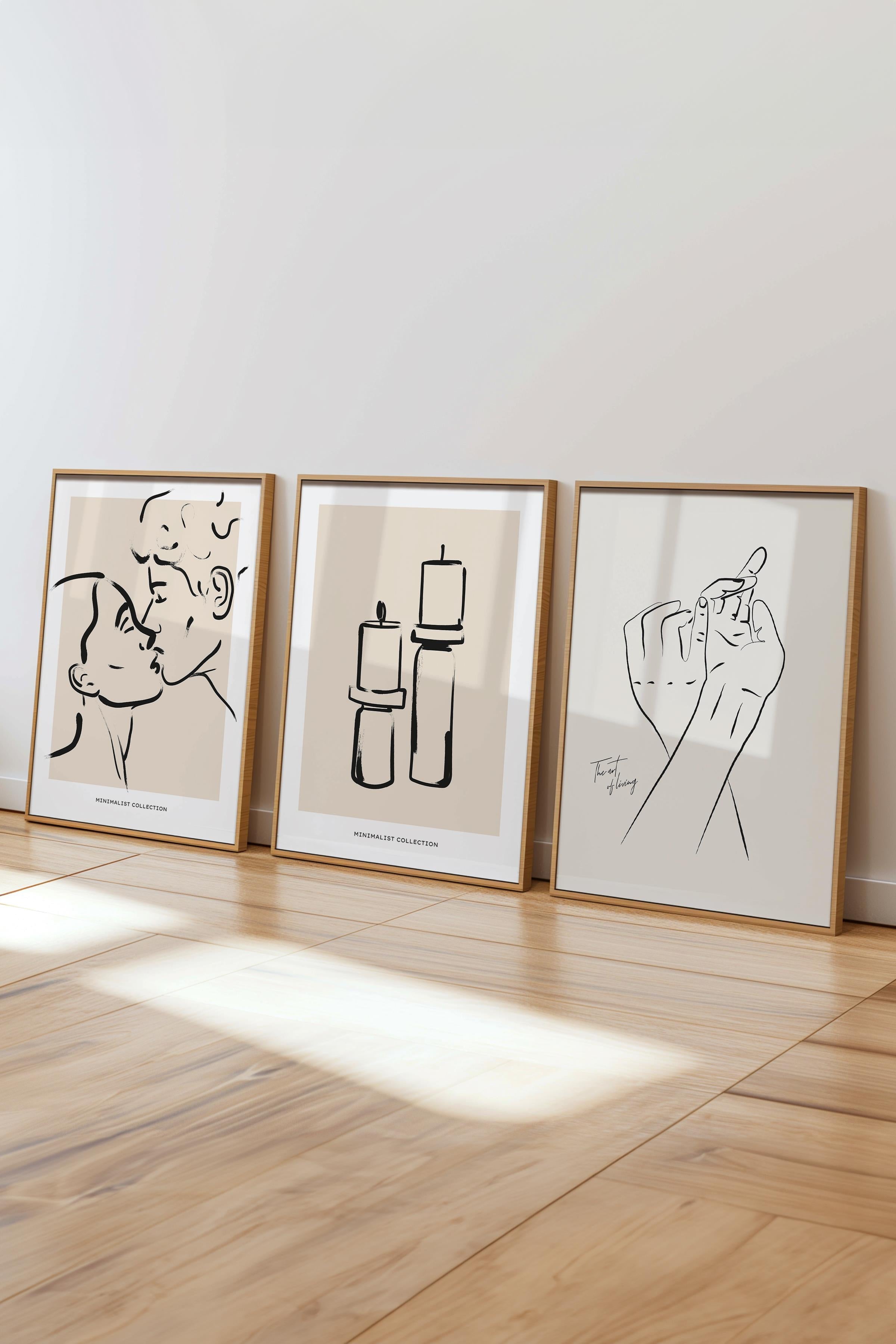 Çerçeveli Tablo Seti, 3 Adet Ahşap Çerçeve ve Minimalist Çizim Temalı Poster Seti, No:300607