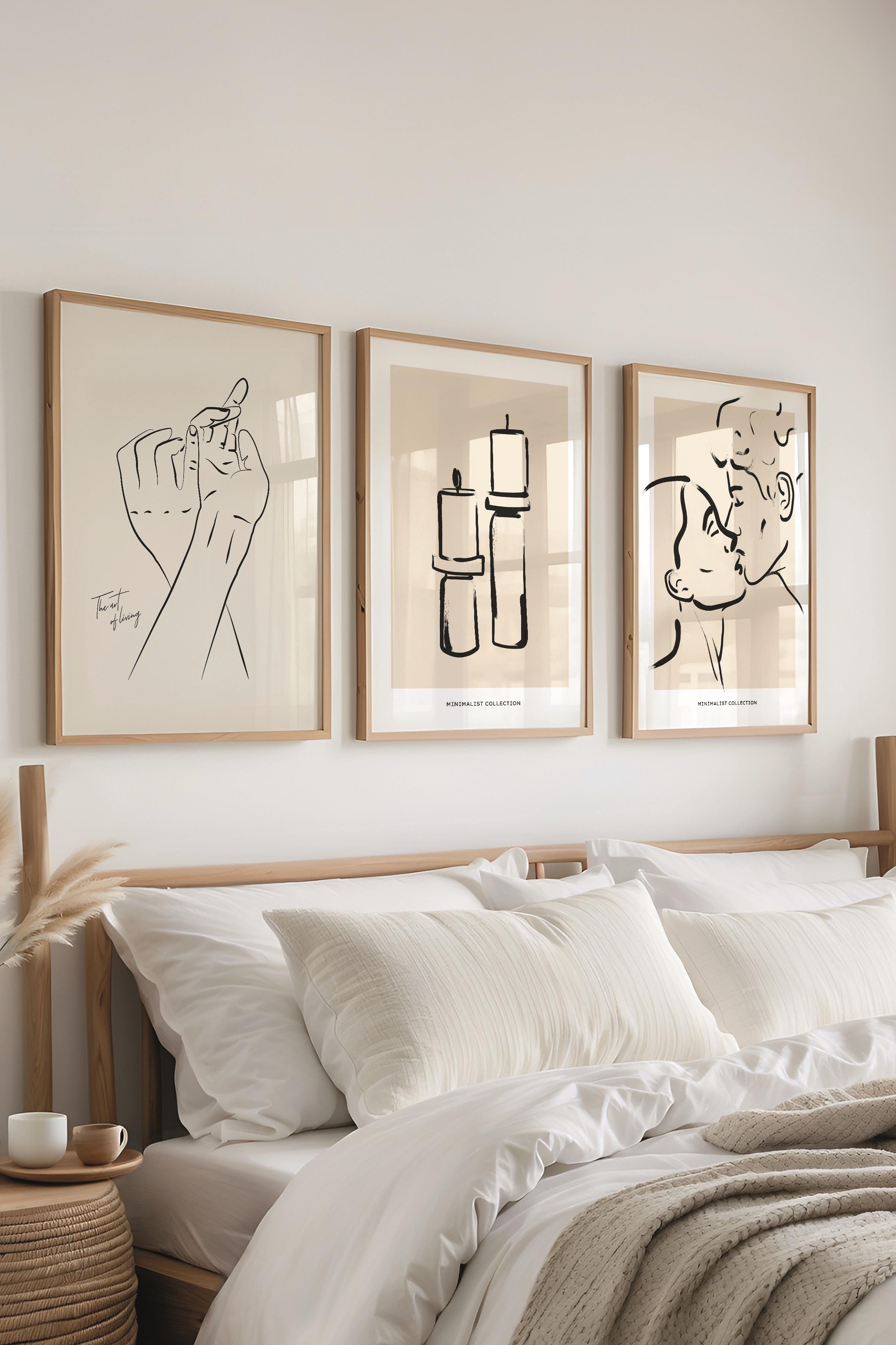 Çerçeveli Tablo Seti, 3 Adet Ahşap Çerçeve ve Minimalist Çizim Temalı Poster Seti, No:300607
