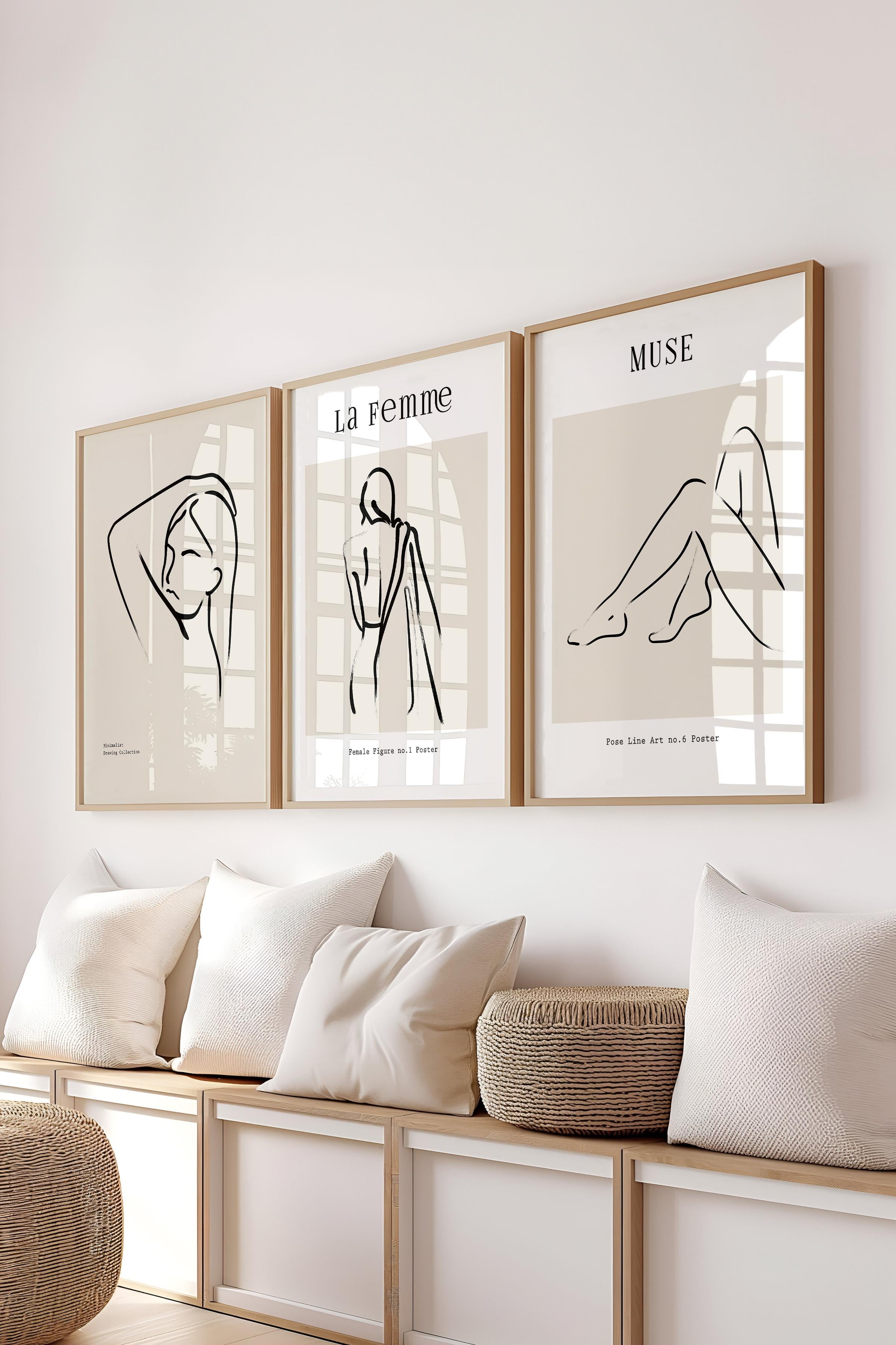 Çerçeveli Tablo Seti, 3 Adet Ahşap Çerçeve ve Minimalist Çizim Temalı Poster Seti, No:300608