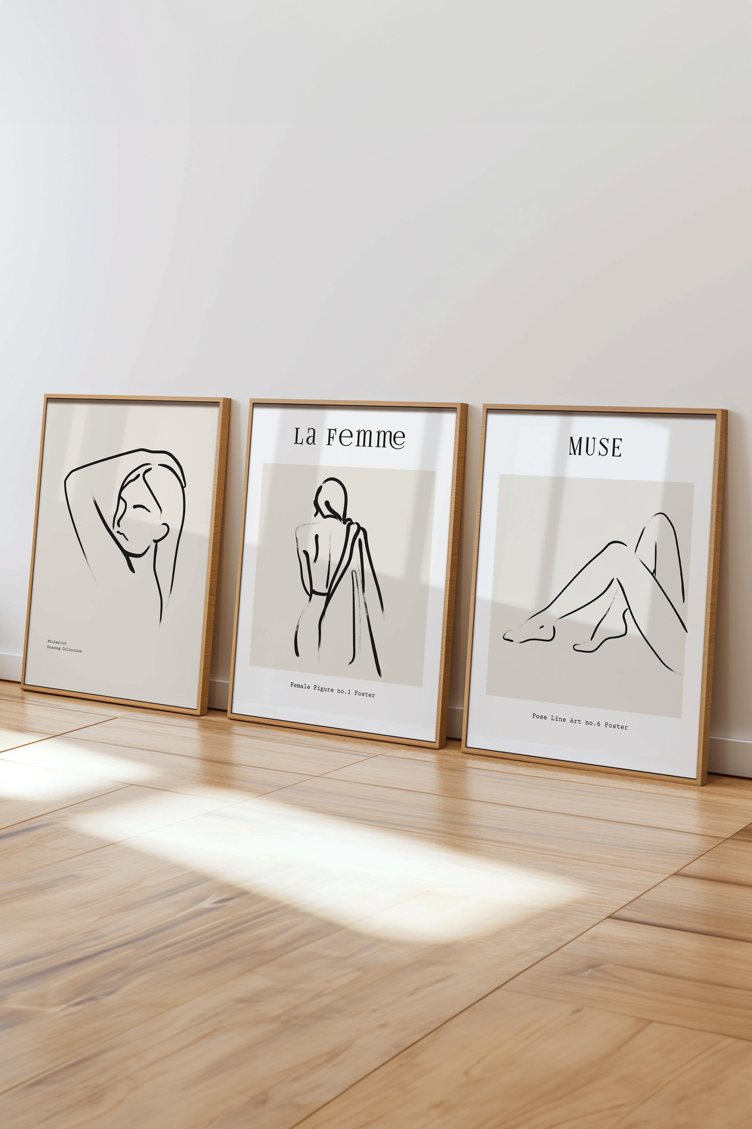 Çerçeveli Tablo Seti, 3 Adet Ahşap Çerçeve ve Minimalist Çizim Temalı Poster Seti, No:300608
