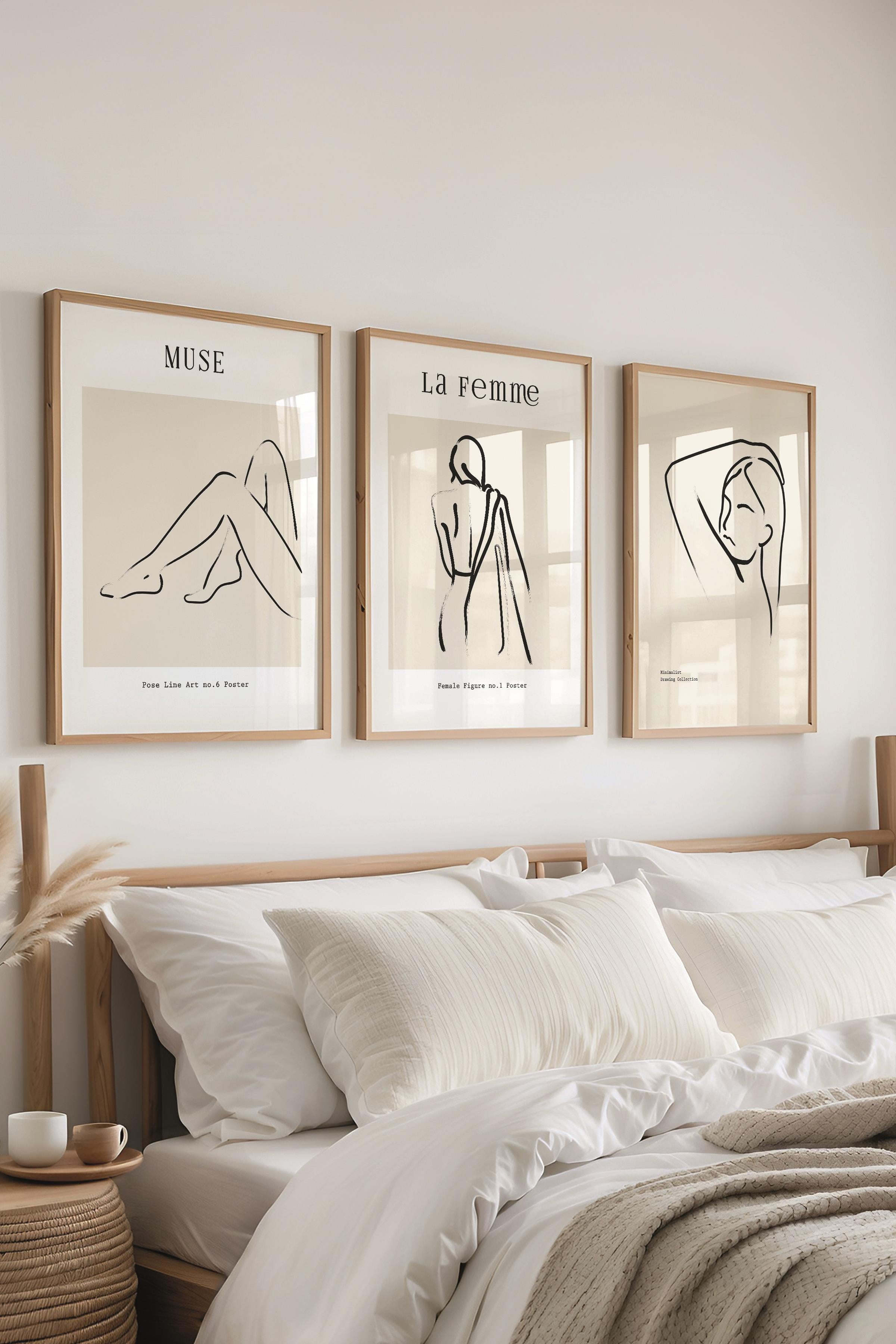 Çerçeveli Tablo Seti, 3 Adet Ahşap Çerçeve ve Minimalist Çizim Temalı Poster Seti, No:300608