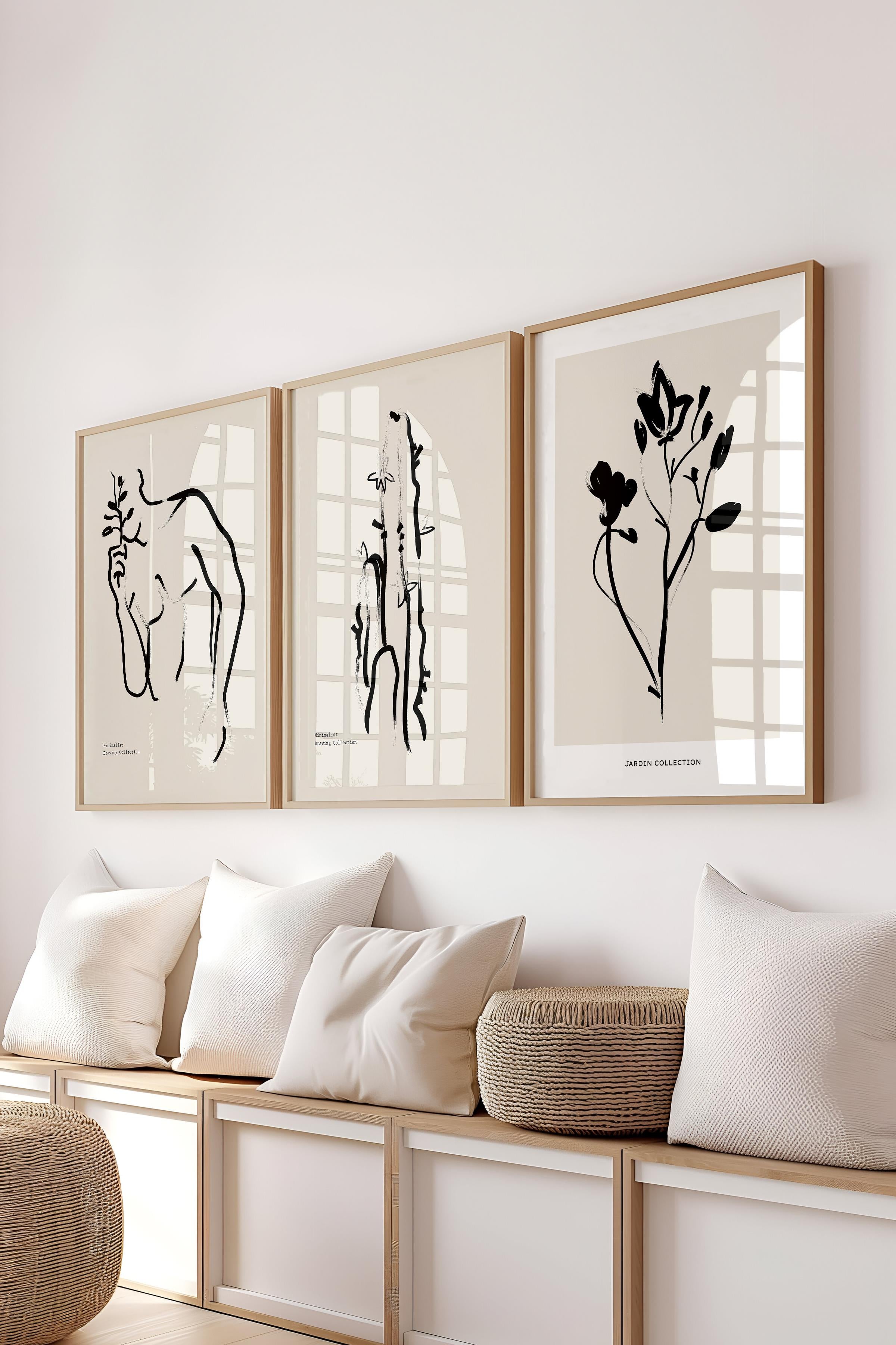 Çerçeveli Tablo Seti, 3 Adet Ahşap Çerçeve ve Minimalist Çizim Temalı Poster Seti, No:300609