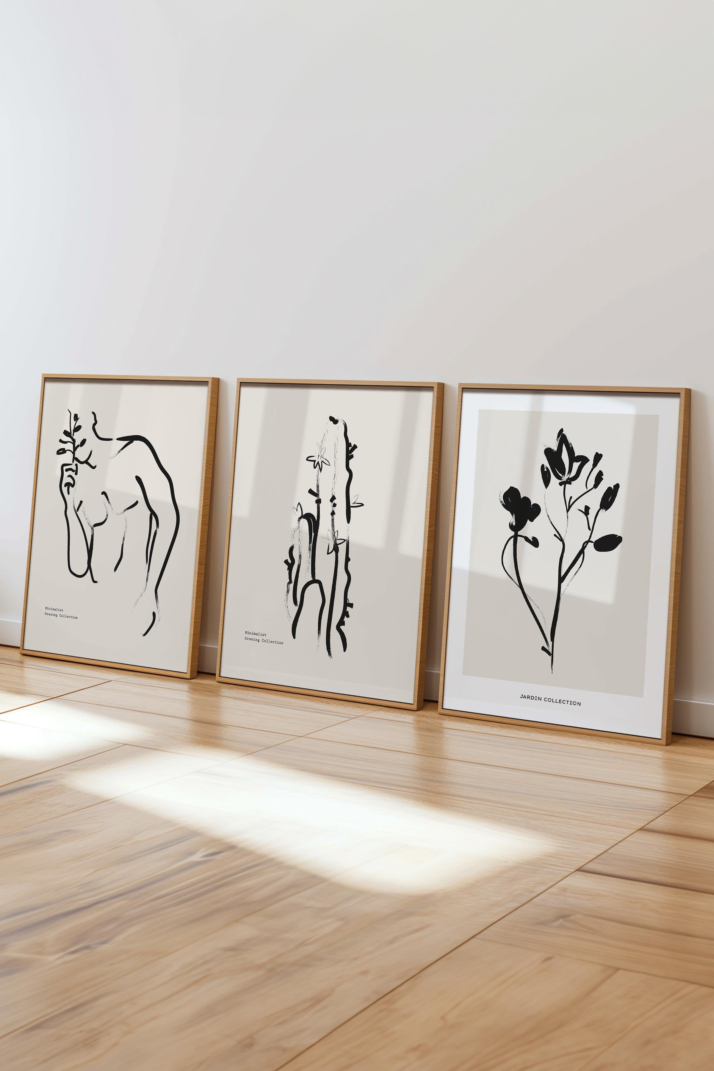 Çerçeveli Tablo Seti, 3 Adet Ahşap Çerçeve ve Minimalist Çizim Temalı Poster Seti, No:300609