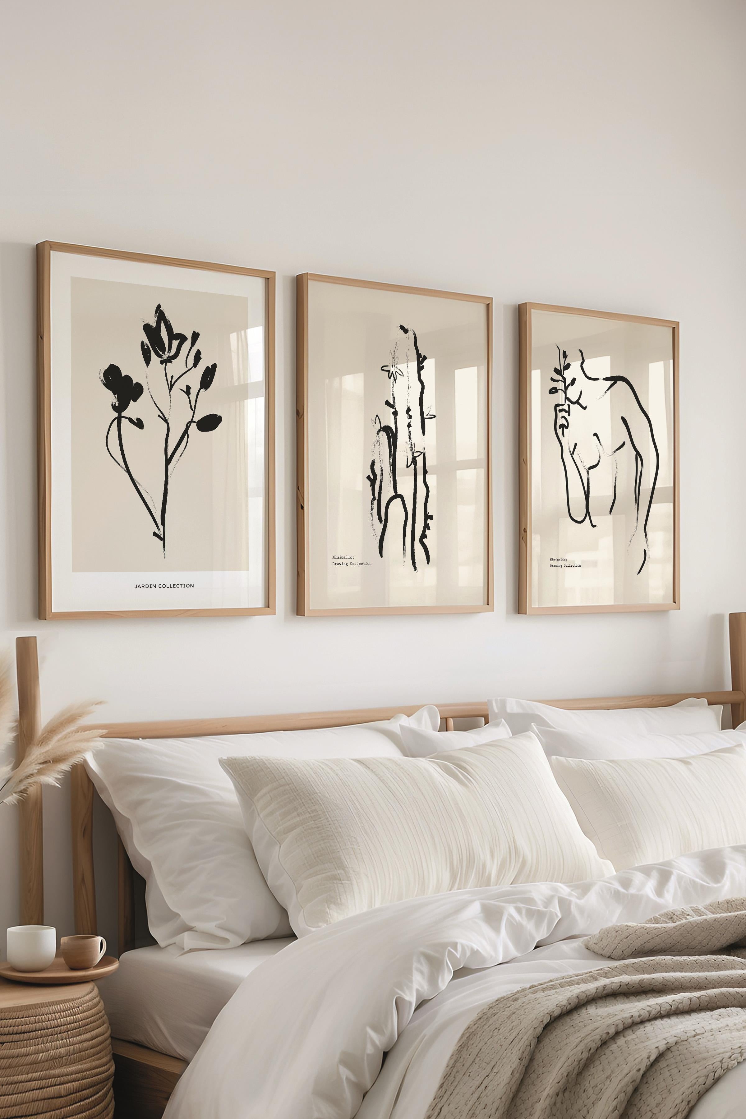 Çerçeveli Tablo Seti, 3 Adet Ahşap Çerçeve ve Minimalist Çizim Temalı Poster Seti, No:300609